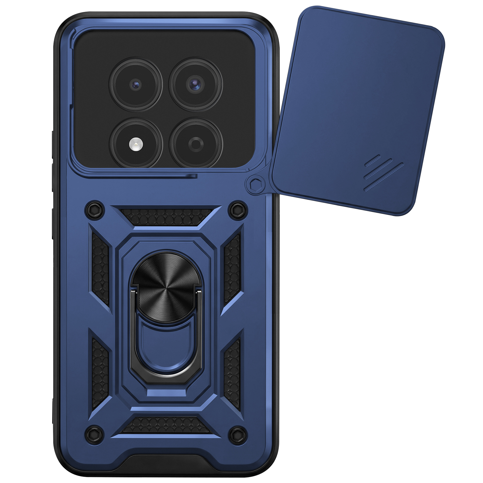 Coque de téléphone bleu foncé avec quatre objectifs et un cache coulissant.