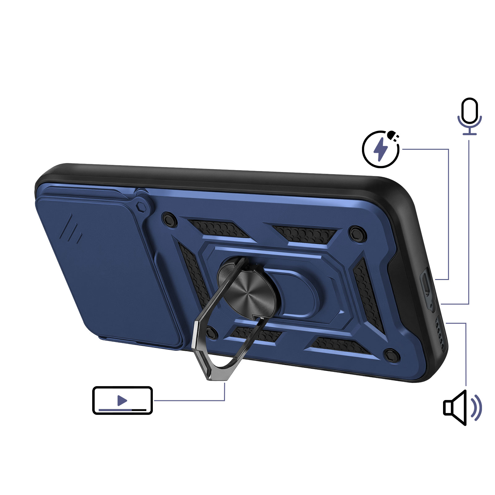 Une coque de téléphone bleue avec support bague, icônes de charge et micro.