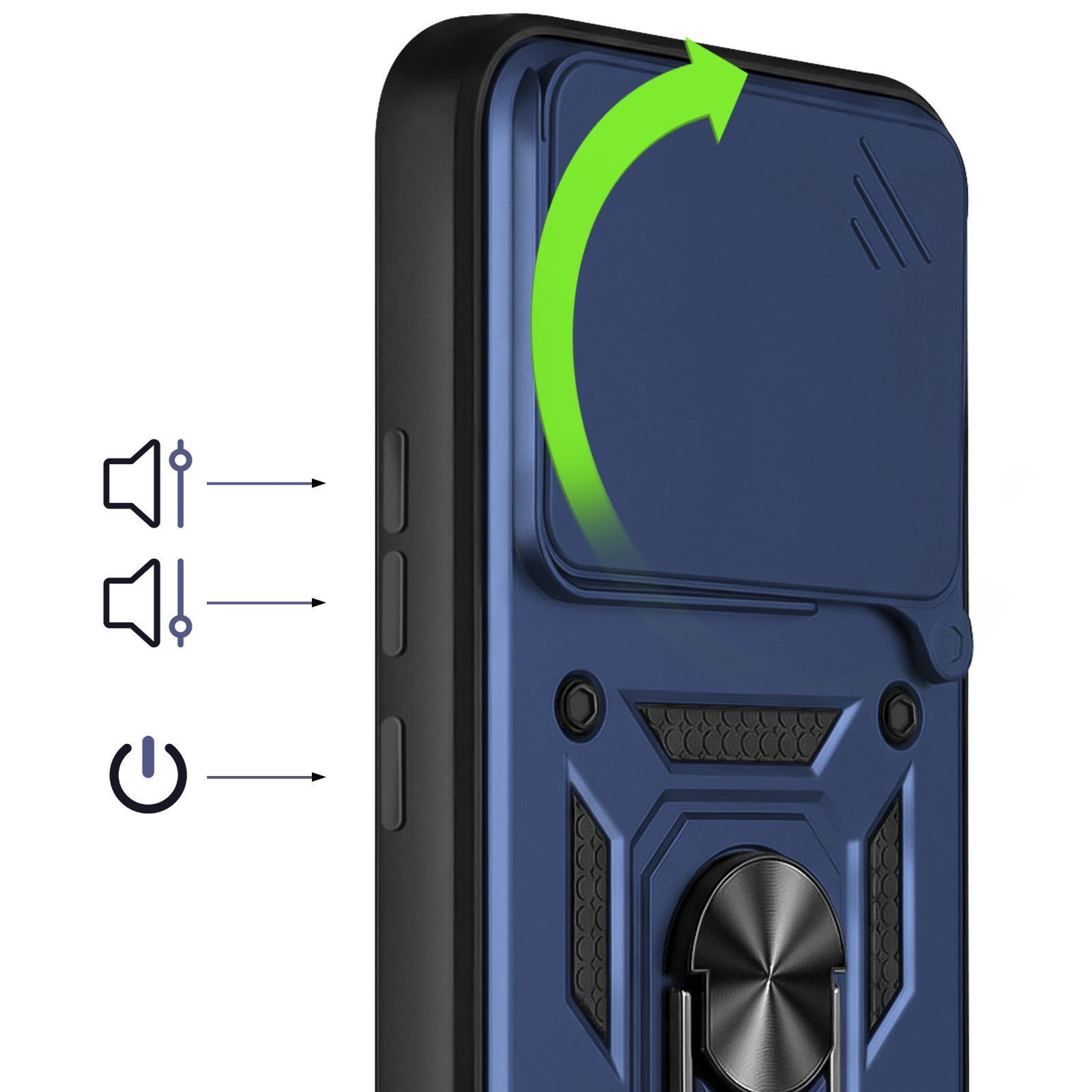 Coque de téléphone bleu foncé avec support anneau et animation flèche verte.
