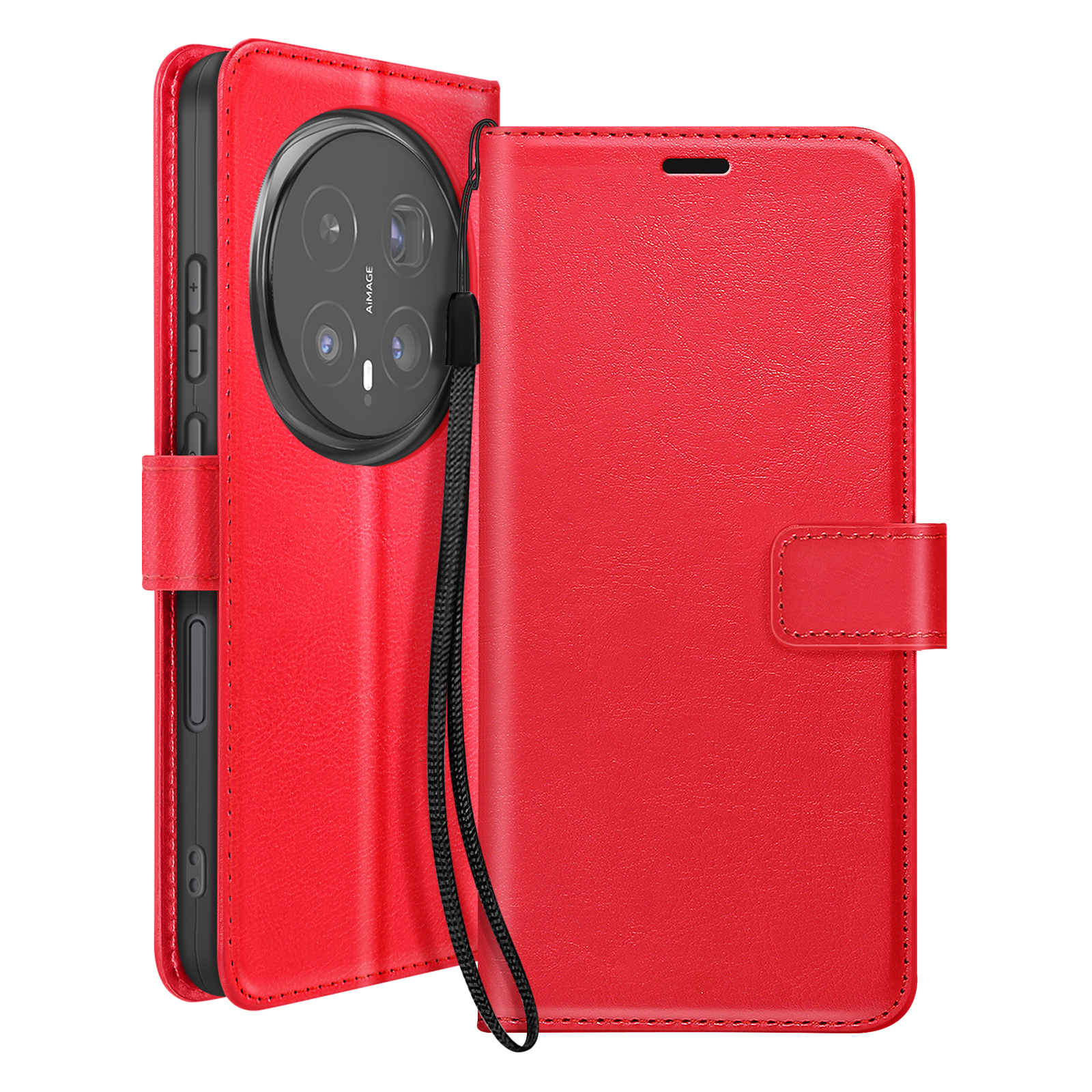 Étui de téléphone rouge avec découpe caméra et lanière, sur fond blanc.
