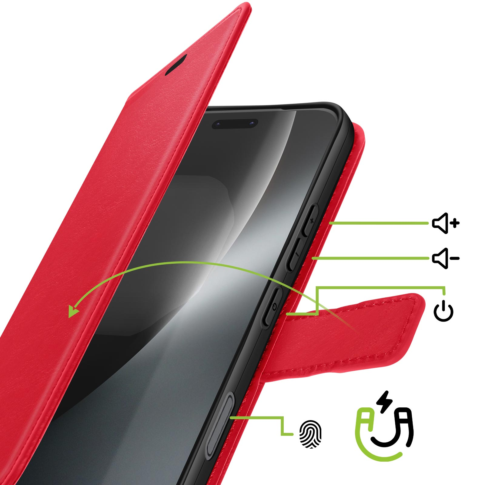 Étui de téléphone rouge ouvert, révélant un smartphone. Icônes de volume et d’alimentation.