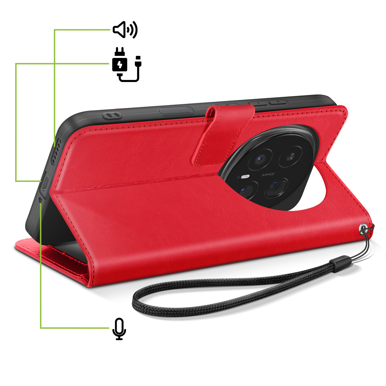 Étui rouge en cuir ouvert, montrant téléphone, appareil photo et port de chargement.