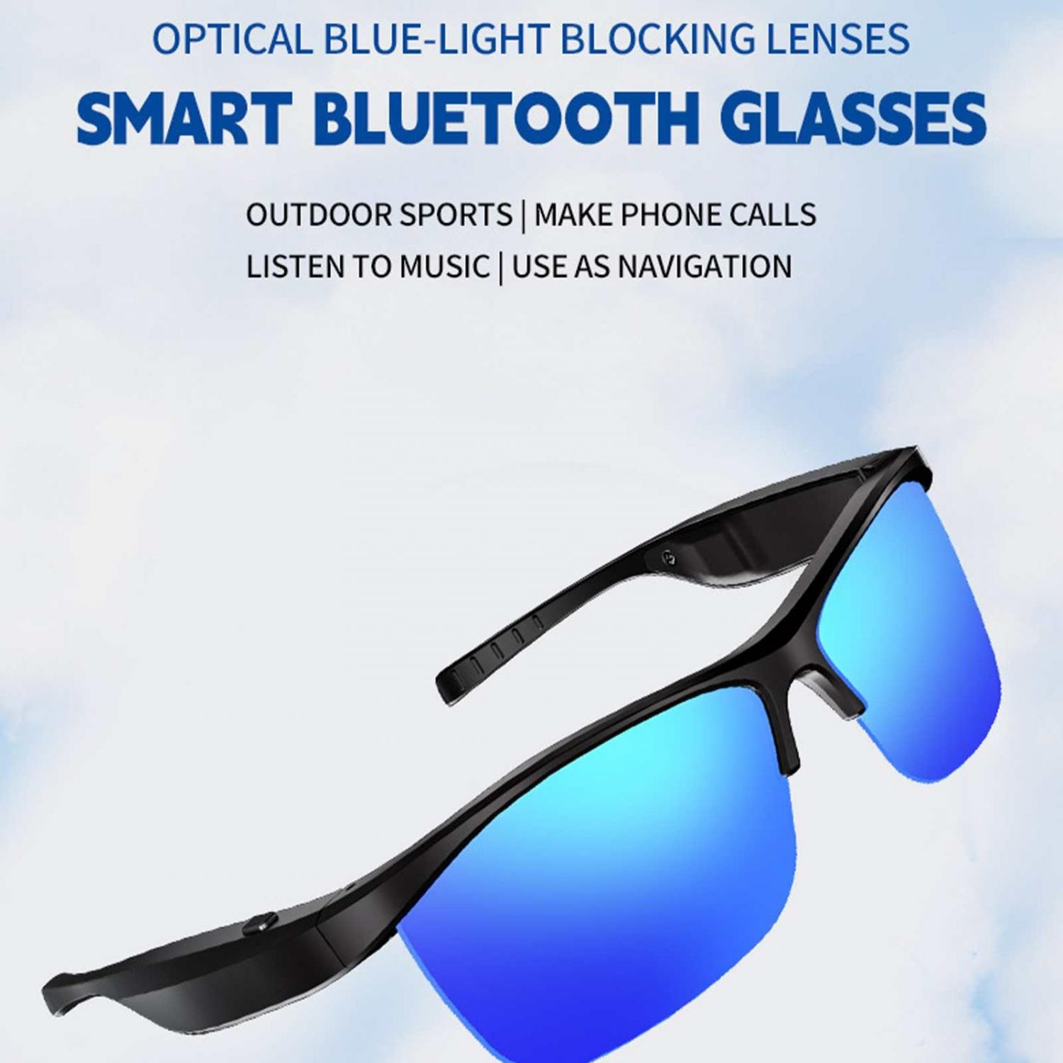 Schwarze Bluetooth-Brille mit blauen verspiegelten Gläsern und Text darüber.