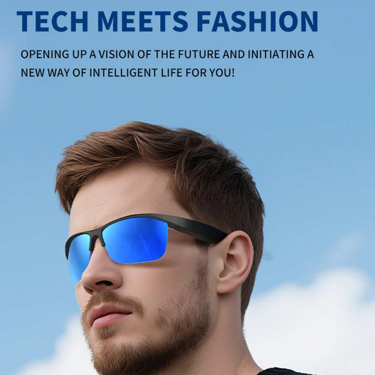 Ein Mann mit Sonnenbrille vor blauem Himmel. Text: TECH MEETS FASHION.