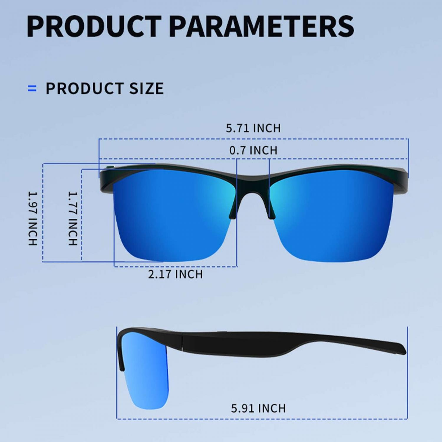 Produktgrößen-Diagramm von Sonnenbrillen mit blauer Linse. Maße in Zoll.