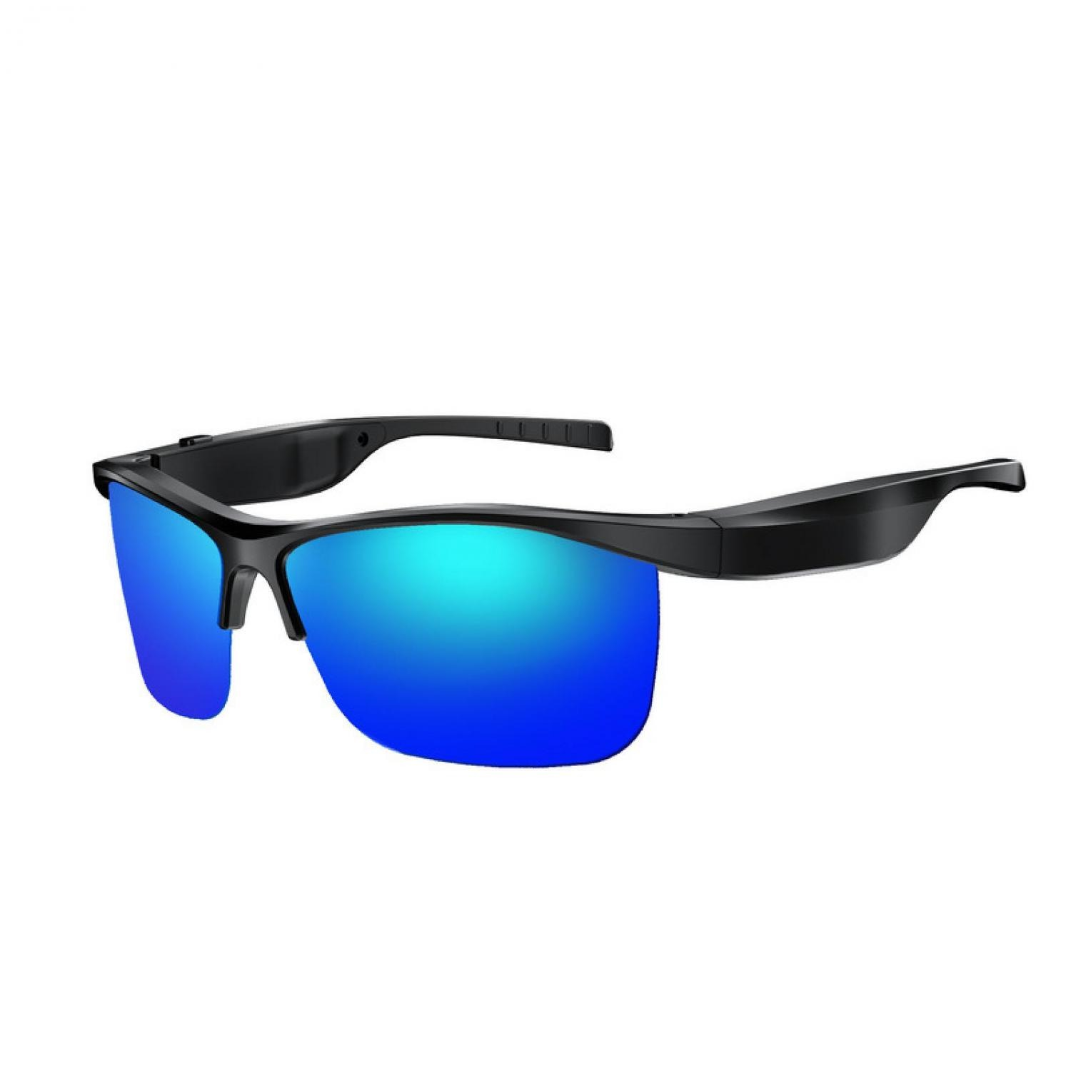 Schwarze Sonnenbrille mit blauen verspiegelten Gläsern und schlanken Bügeln.