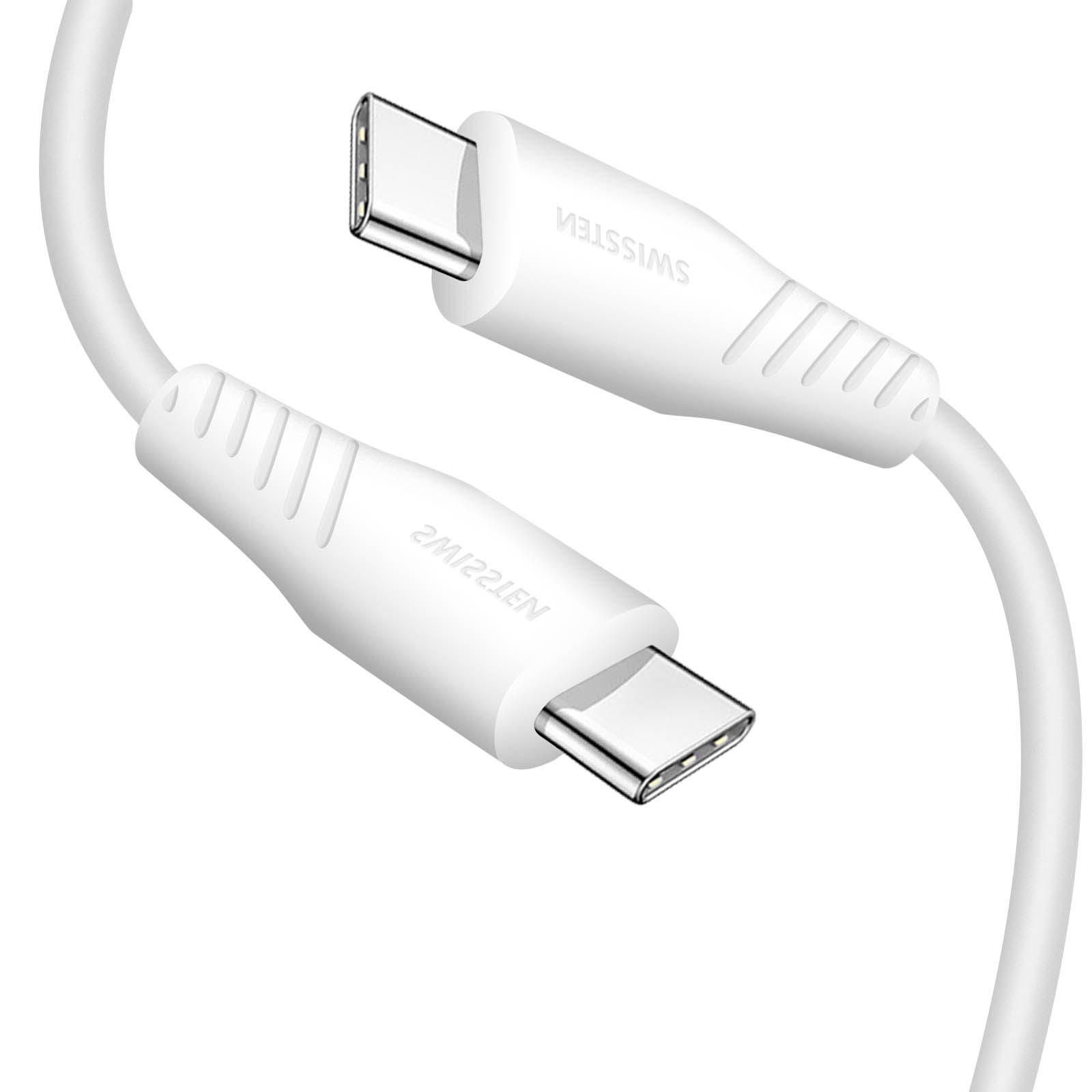 Un câble USB-C blanc avec deux connecteurs sur fond blanc.