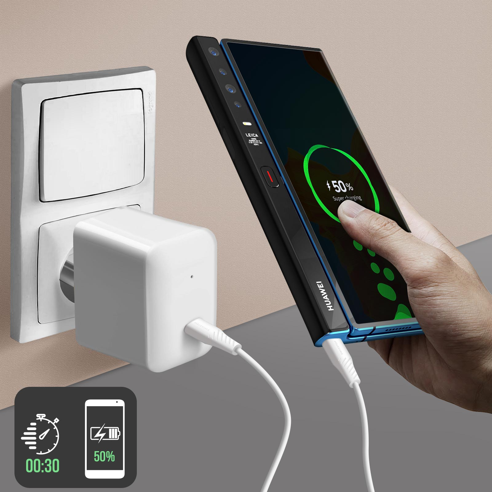 Un chargeur blanc est branché à une prise. Un téléphone est en cours de chargement.