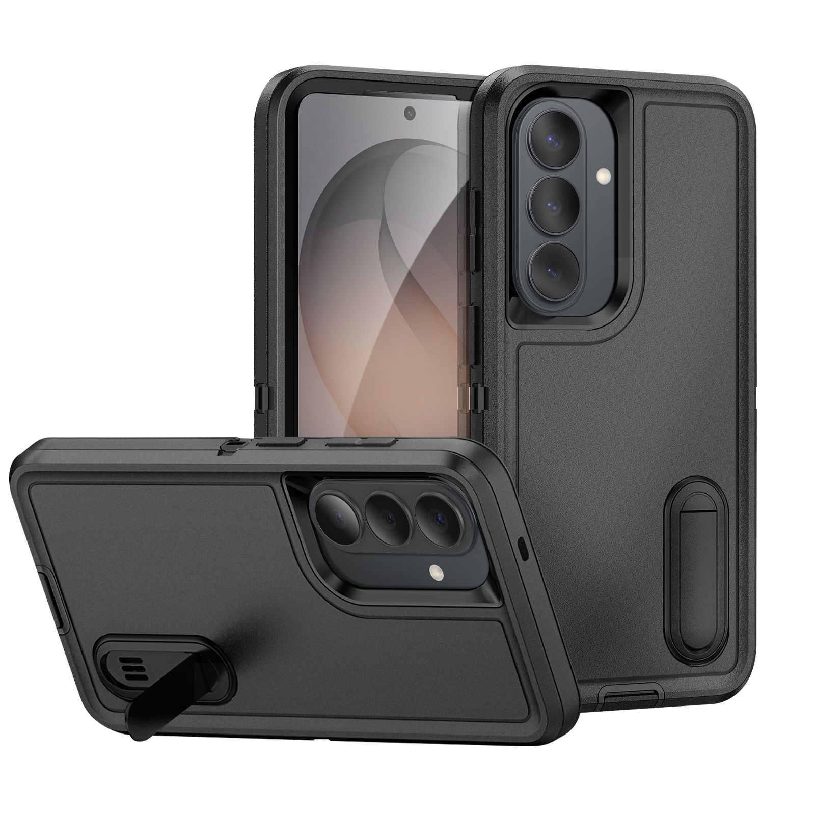 Zwarte telefoonhoes met drie camera's en standaard.