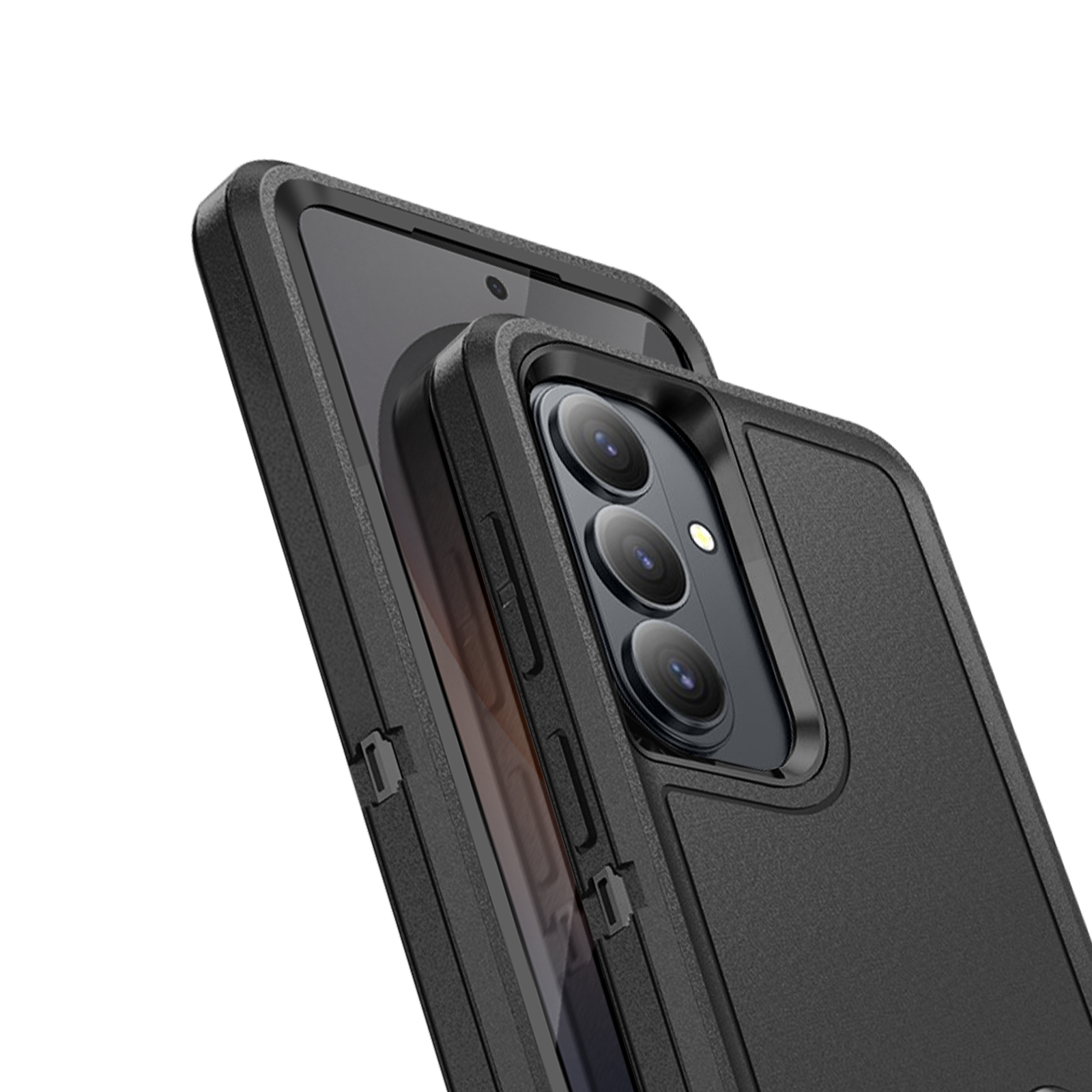 Zwarte smartphone met drievoudige camera in een robuuste beschermhoes.
