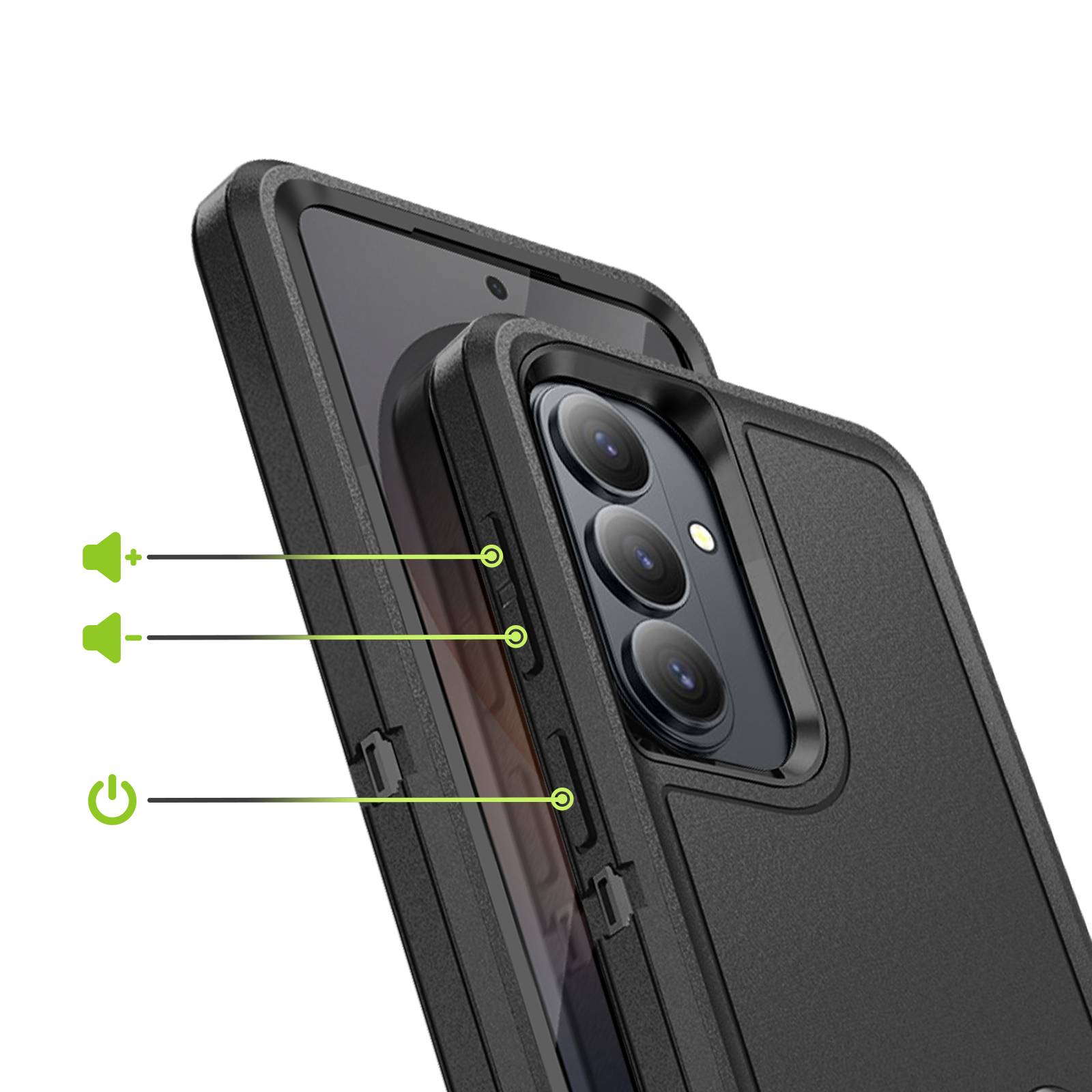 Zwarte telefoonhoes met volume- en aan/uitknoppen.