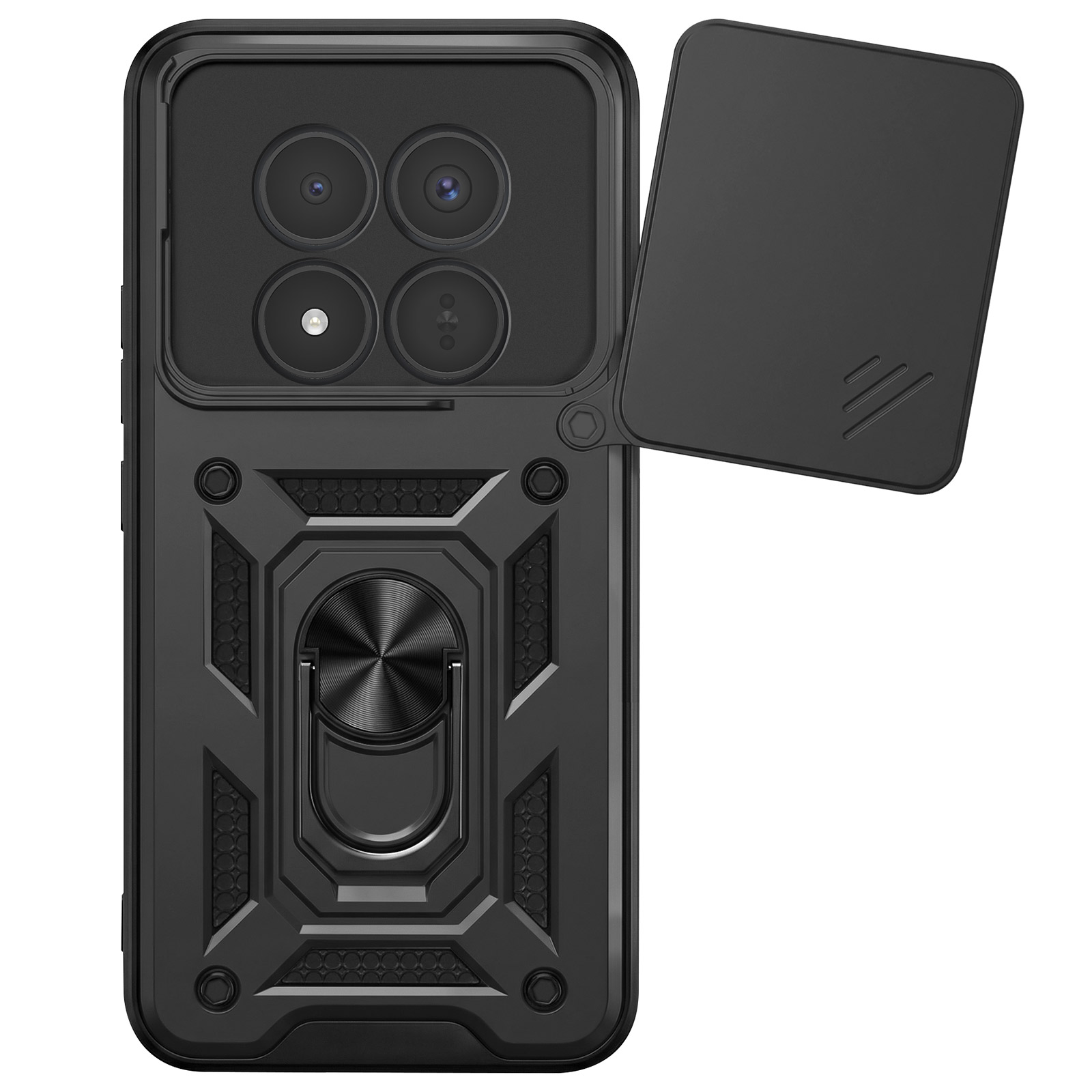 Coque noire pour téléphone avec quatre caméras, support bague et cache coulissant.