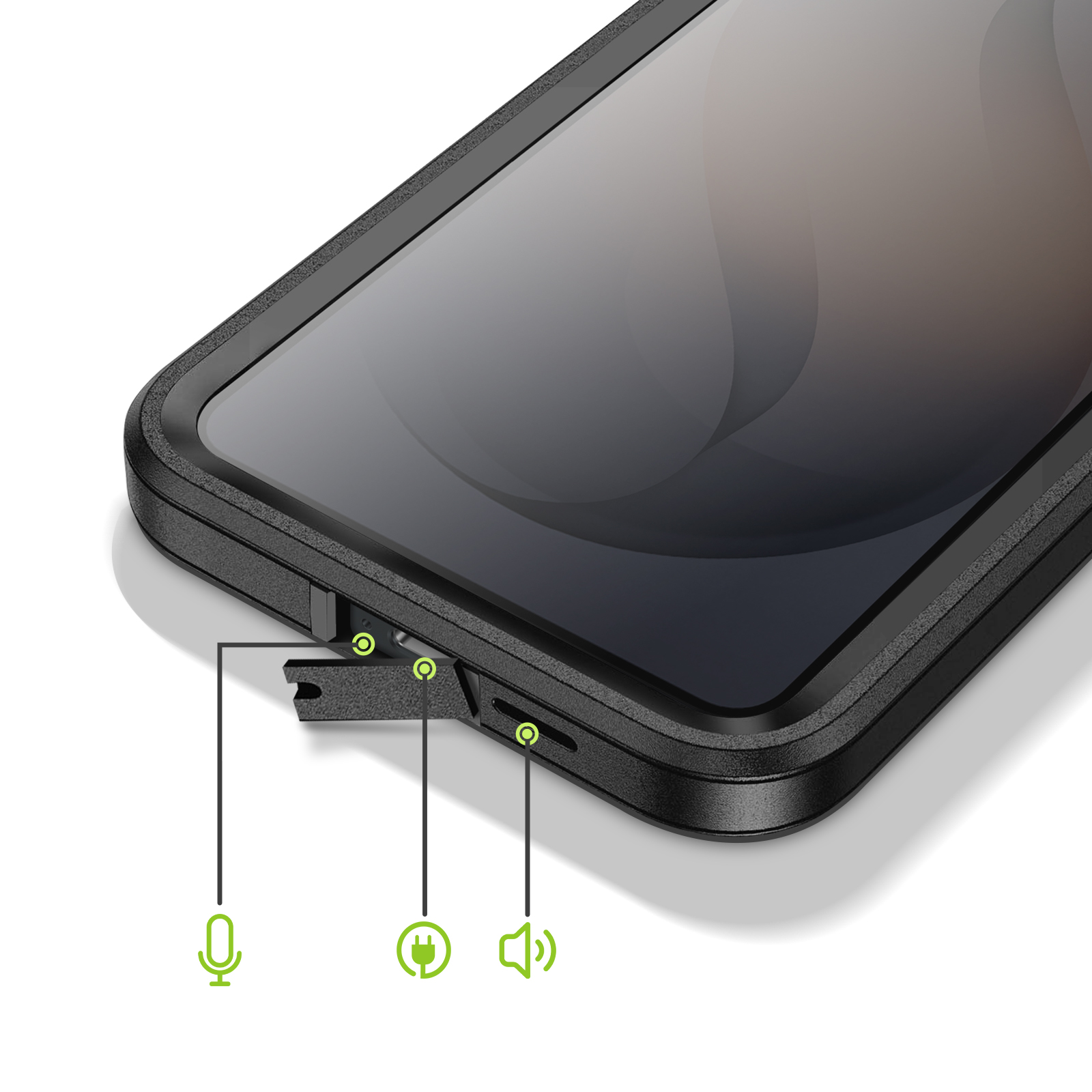 Close-up van een zwarte telefoonhoes met poorten voor microfoon, stroom en volume.