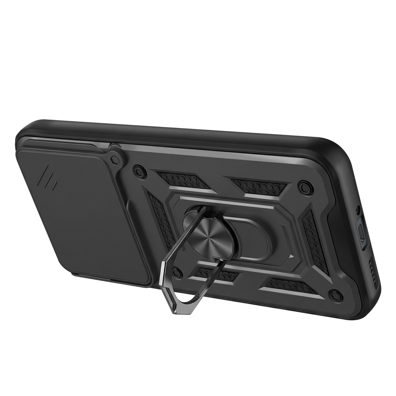 Coque de téléphone noire avec support anneau et compartiment coulissant.