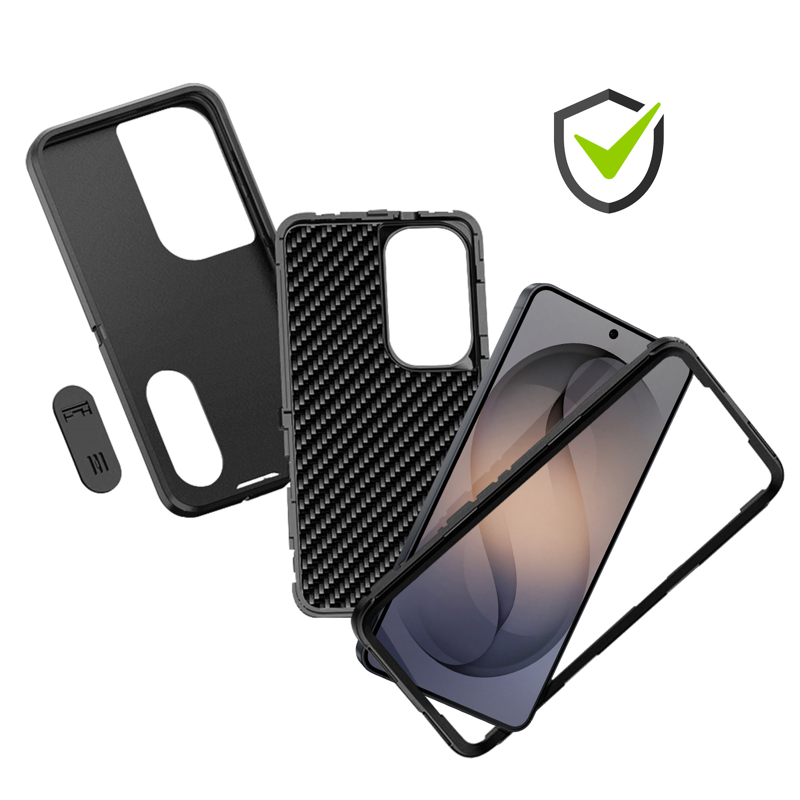 Zwarte telefoonhoesjes set met carbonpatroon en schildicoon.