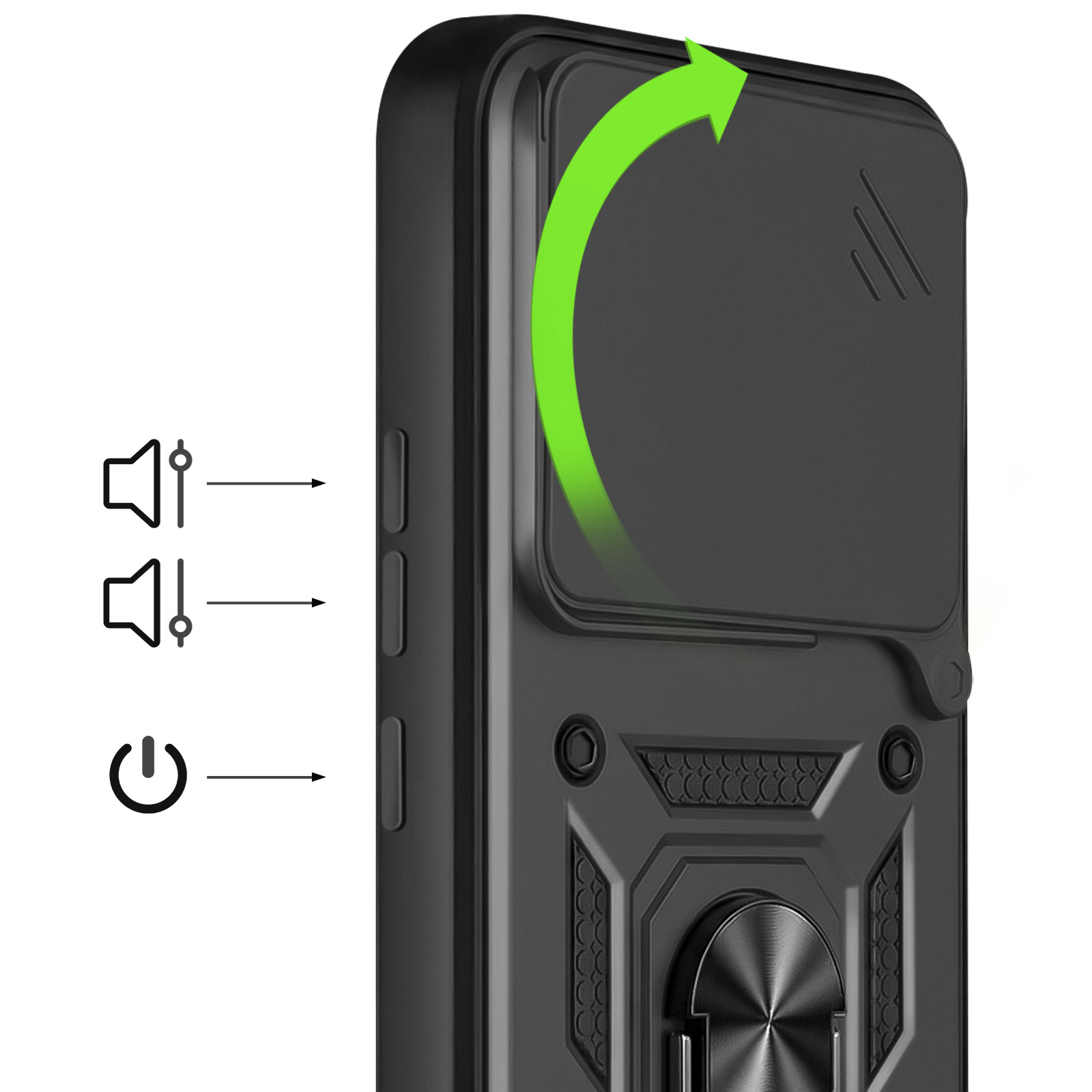 Coque de téléphone noire avec icônes de volume et d'alimentation et flèches.