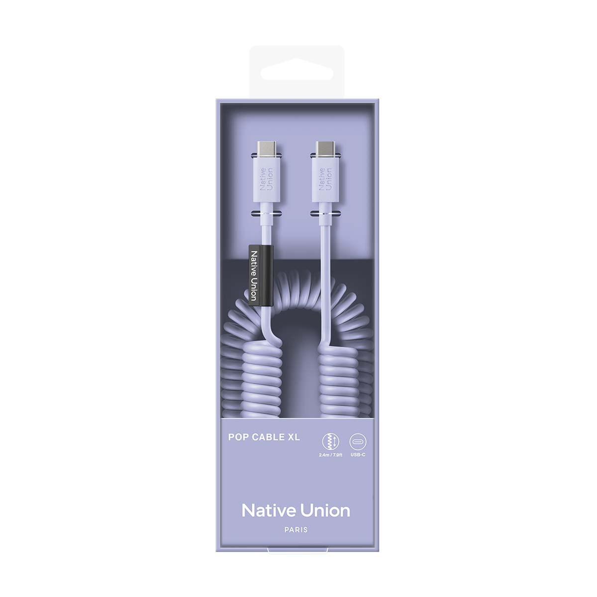 Emballage avec un câble USB-C blanc enroulé arborant le logo Native Union.