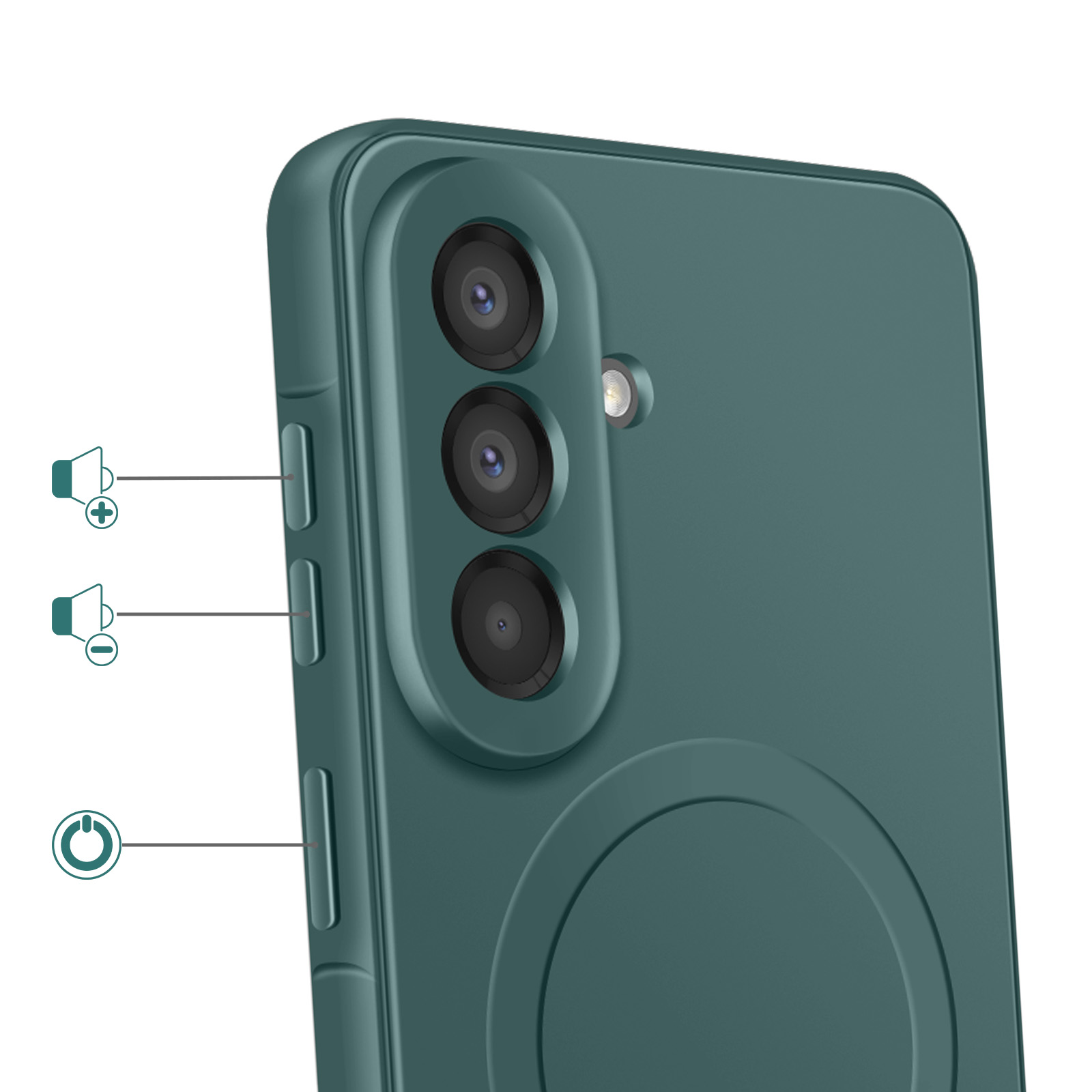Groene telefoonhoes met drie camera's en volumeknoppen.