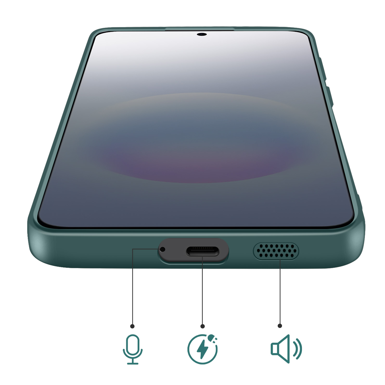 Close-up van een donkere telefoon met oplaadpoort, microfoon en luidspreker.