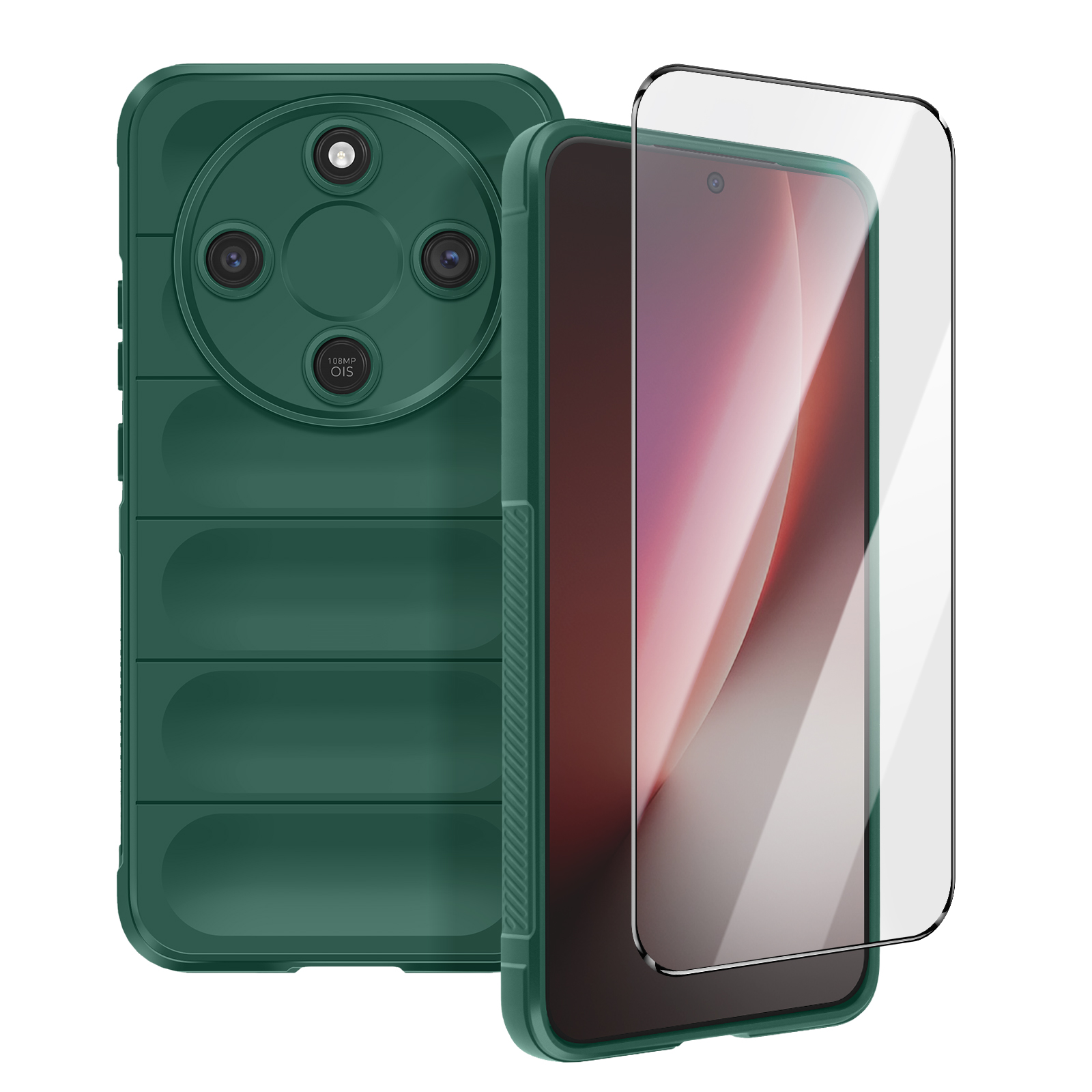 Coque de téléphone vert foncé et protecteur d'écran sur fond blanc.