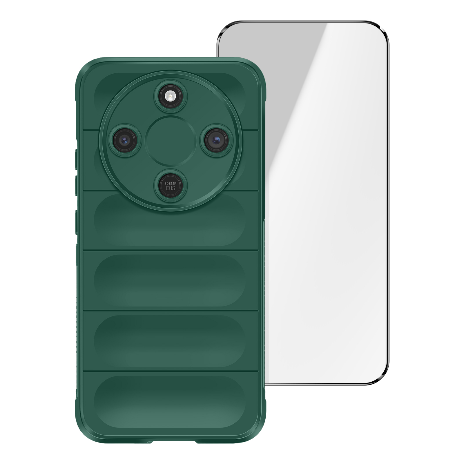 Une coque de téléphone vert foncé avec des bosses d'appareil photo à côté d'un écran de smartphone.