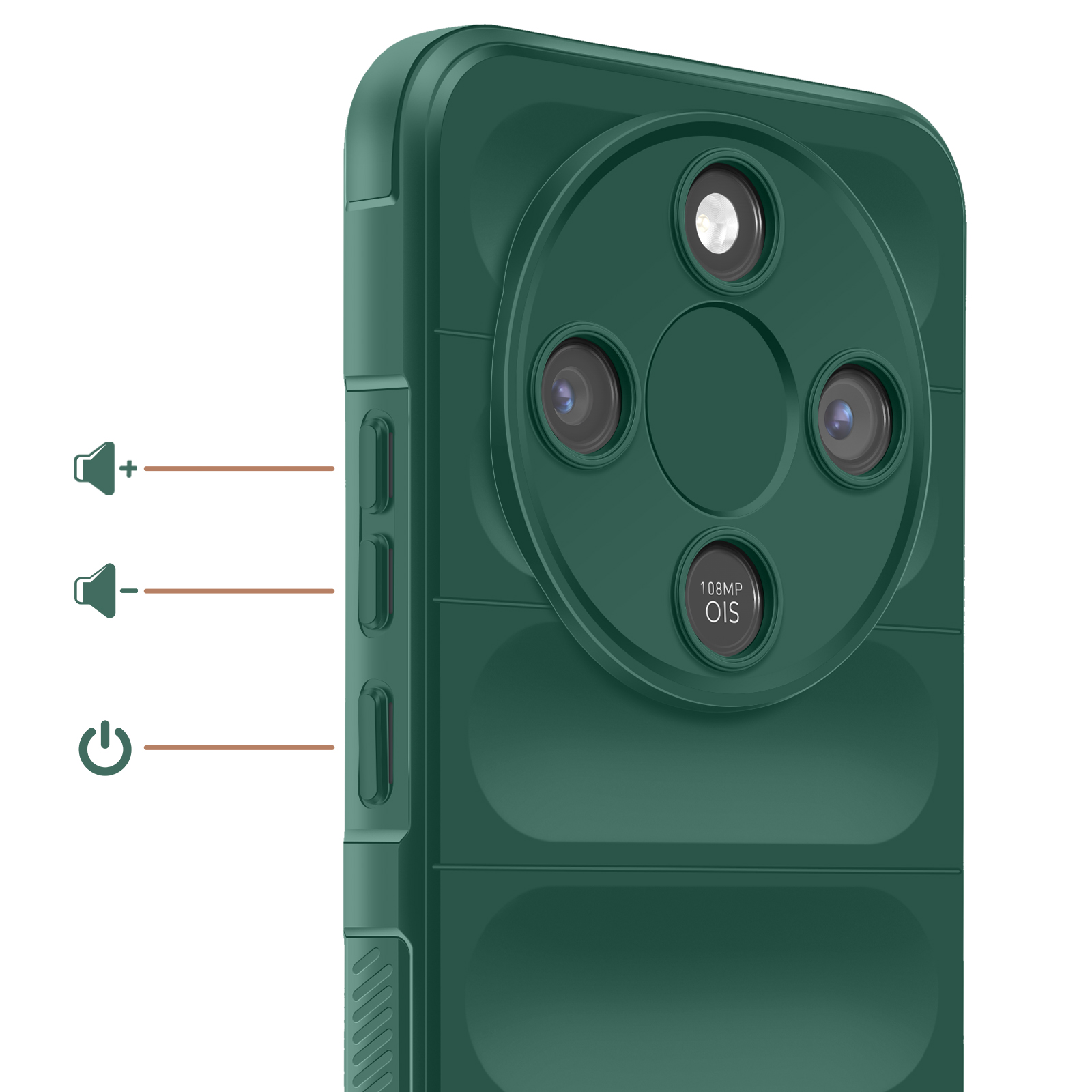 Arrière d'une coque de téléphone verte montrant un bloc caméra à trois objectifs et le texte '108MP OIS'.