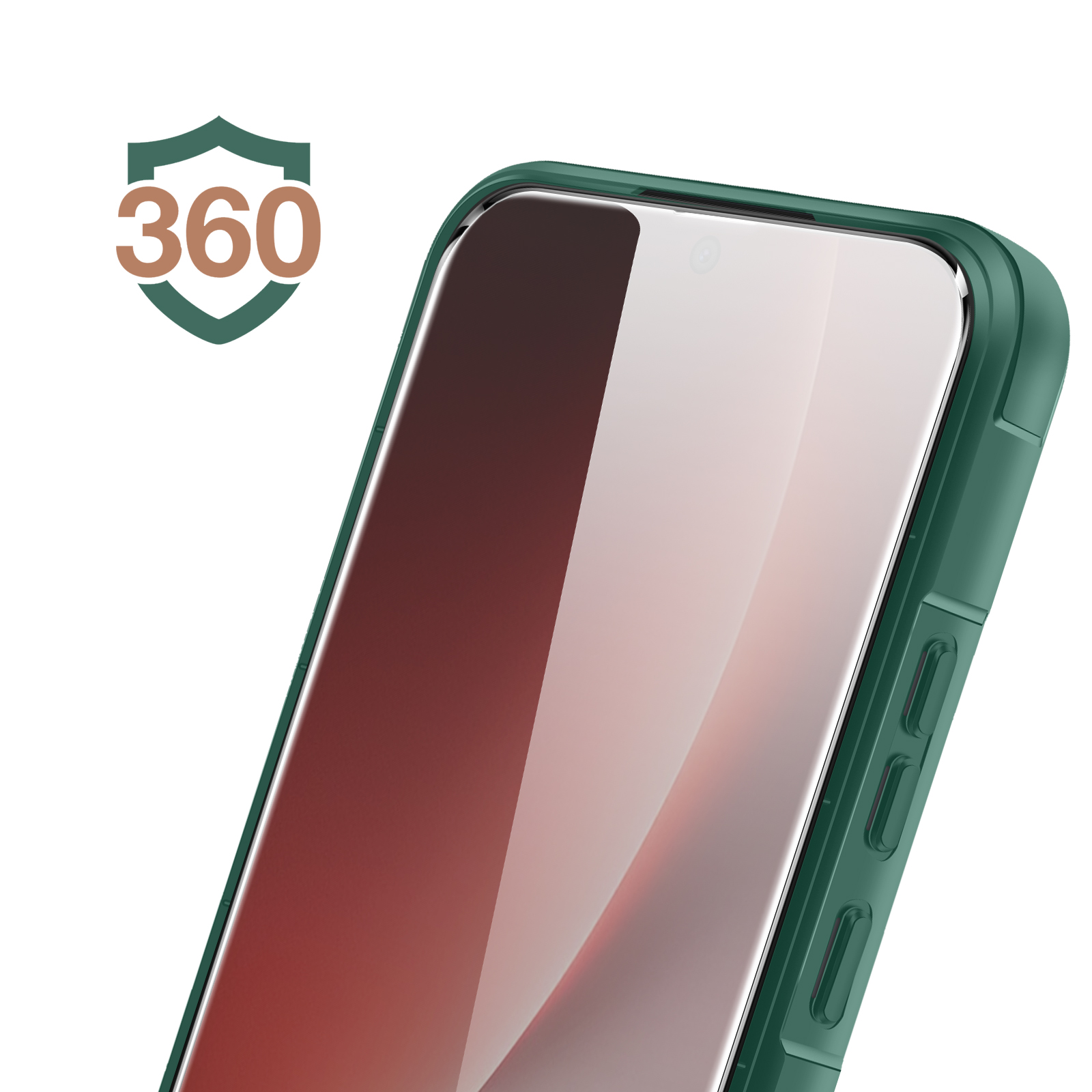 Une coque de téléphone verte avec icône 360 sur fond blanc.