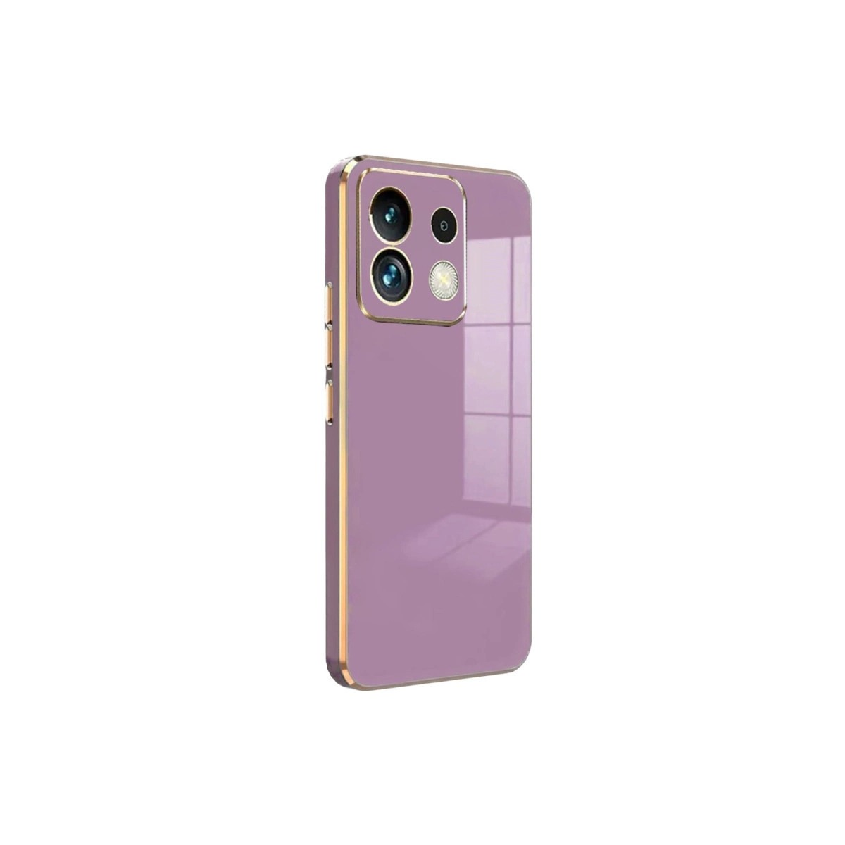 Altın kenarlı, açık mor telefon kılıfı ve kamera lensleri.