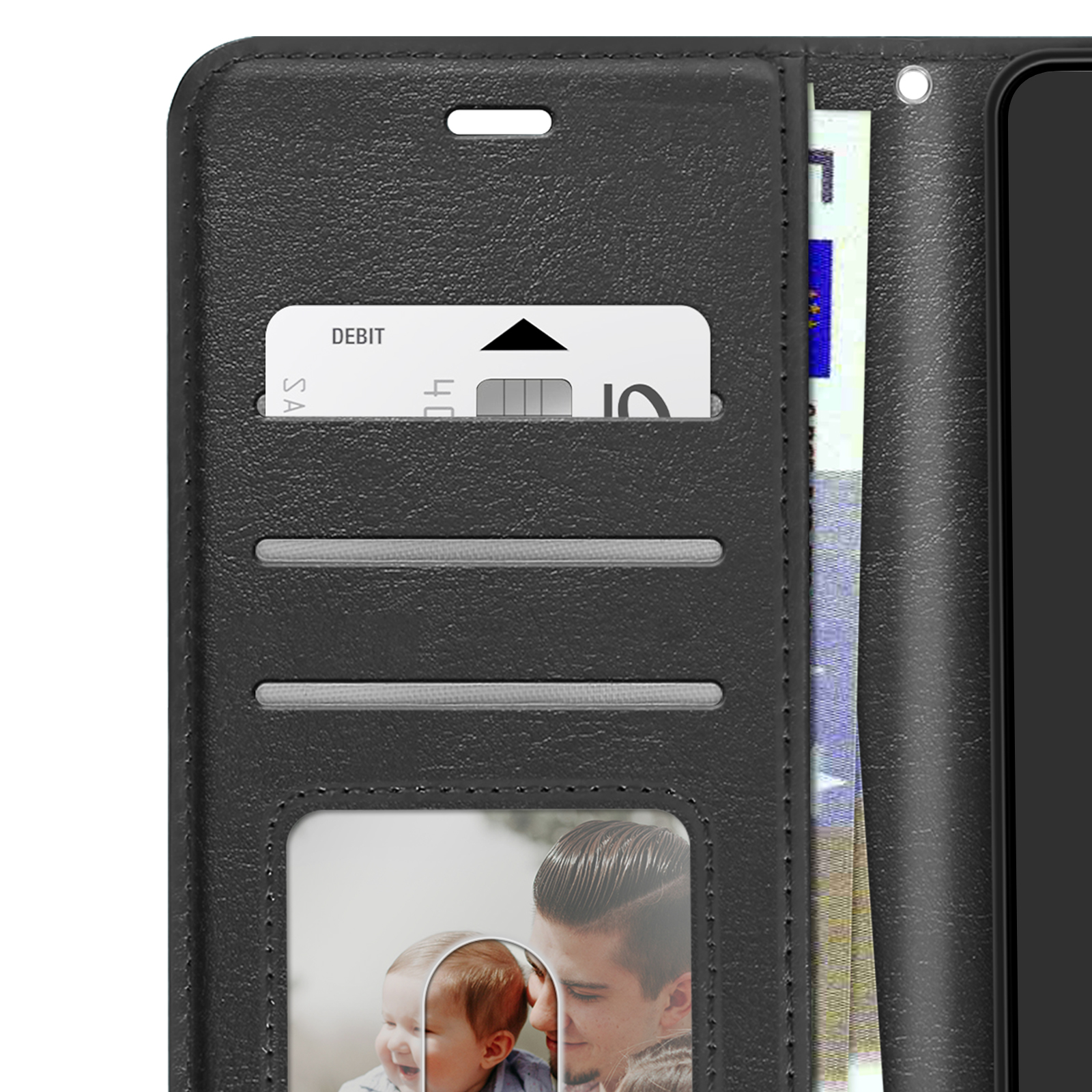 Schwarze Brieftasche mit Geldscheinen, Debitkarte und Foto von Vater und Kind.