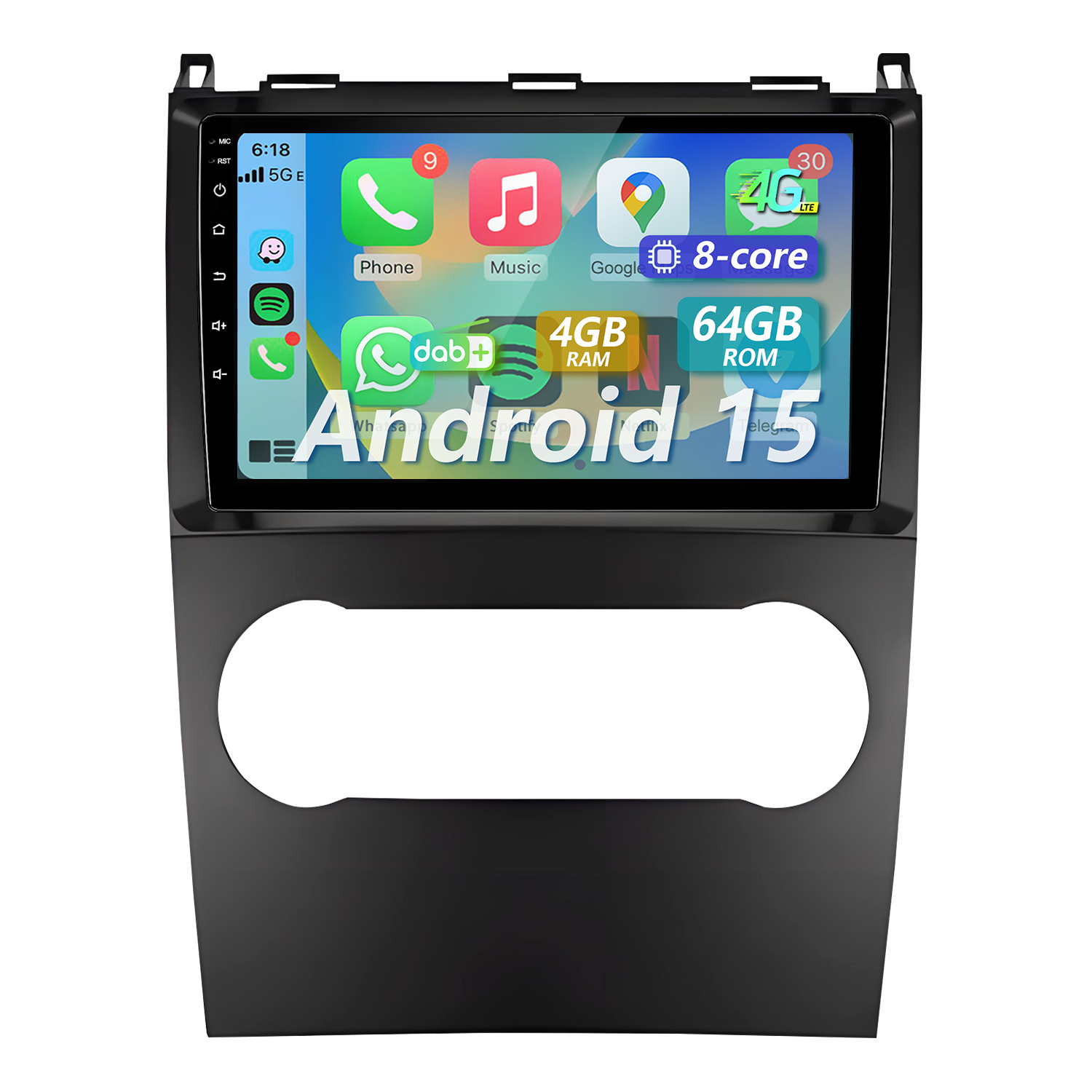 Ein Auto-Infotainment-System mit Android 15 und App-Symbolen.