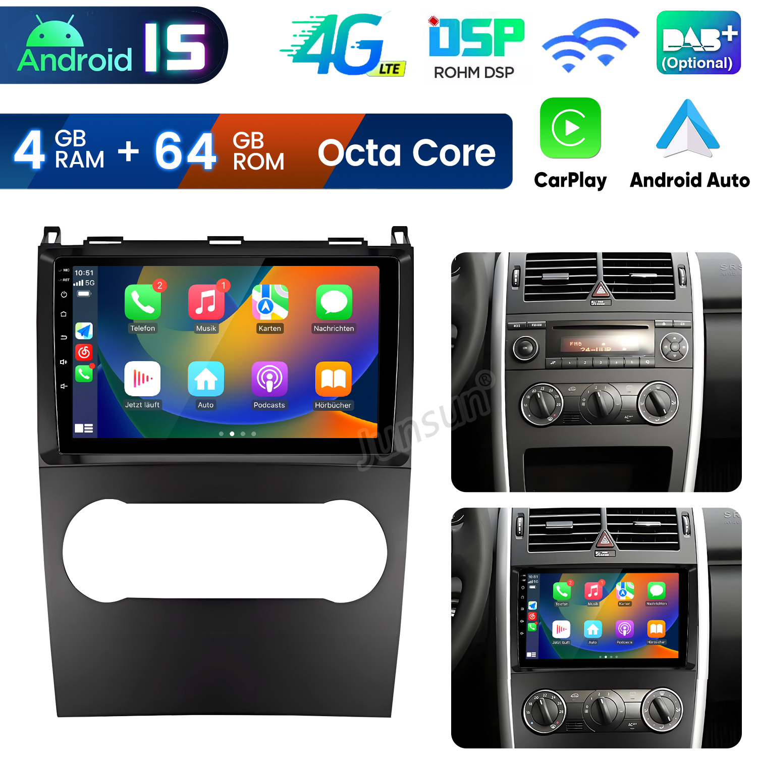 Android 15 Autoradio mit 4 GB RAM, 64 GB ROM, Octa Core, CarPlay und Android Auto.