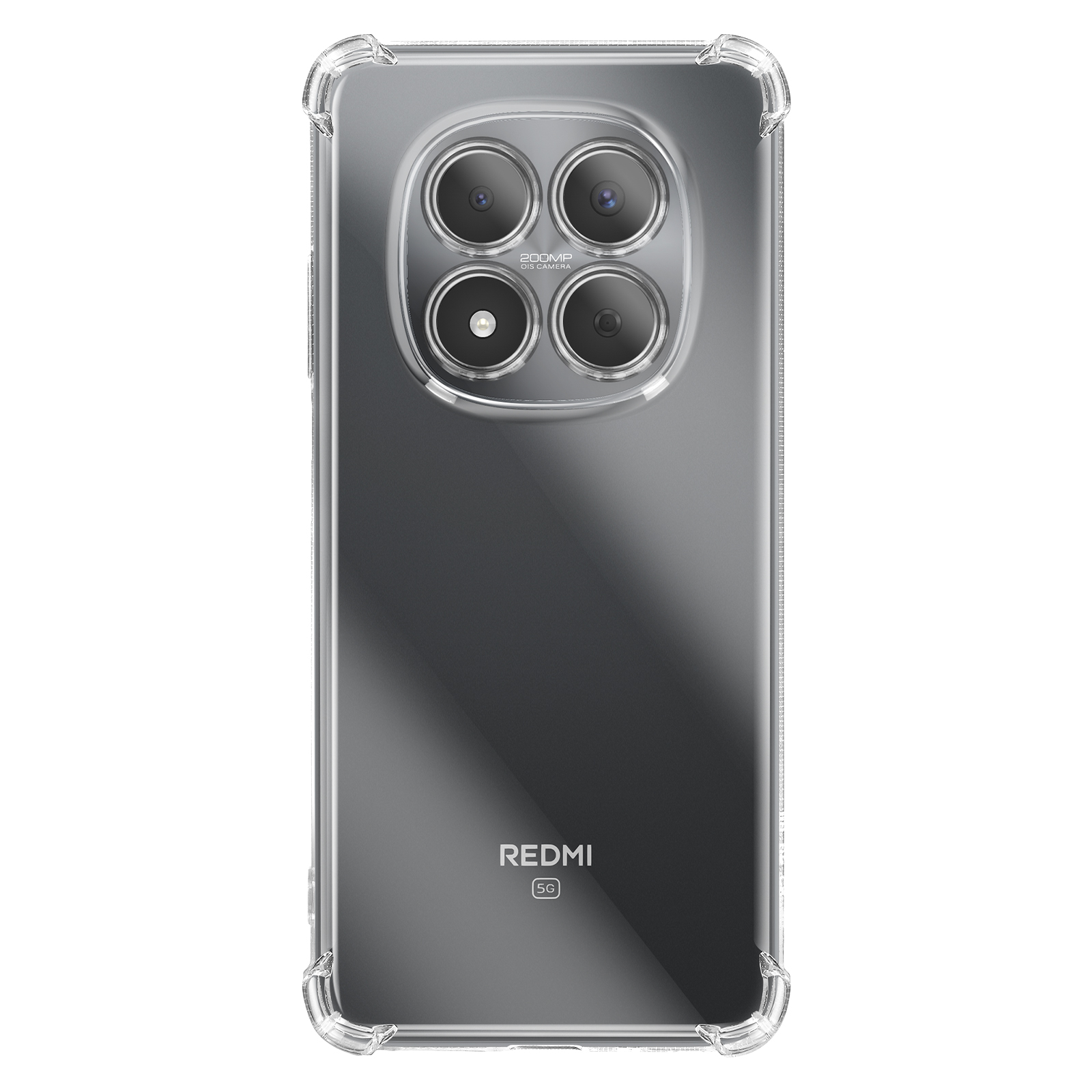 Rückseite eines durchsichtigen Telefons mit vier Kameras und Redmi-Logo.