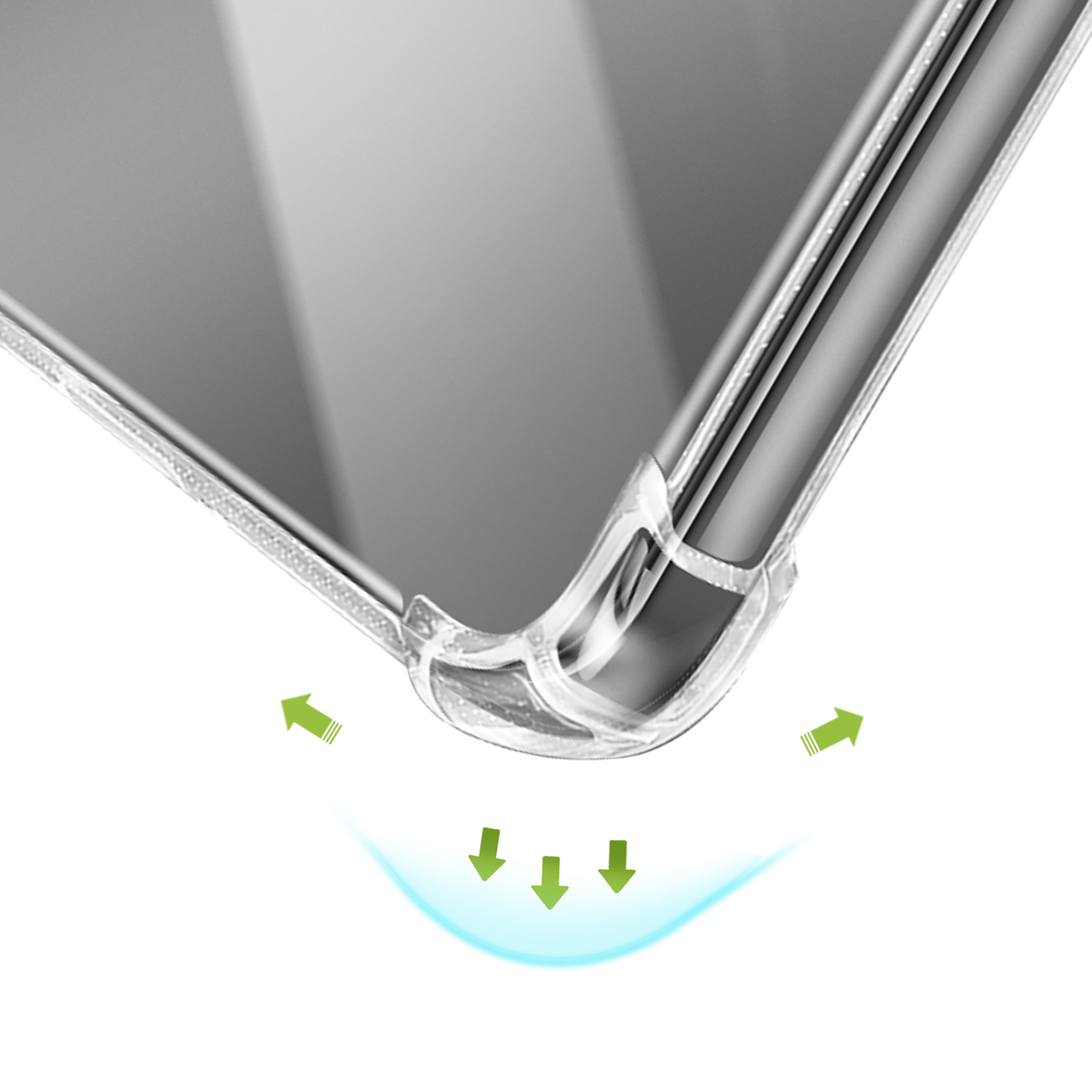 Transparente Hülle mit Stoßschutz-Ecken und Pfeilen, die Aufprall zeigen.