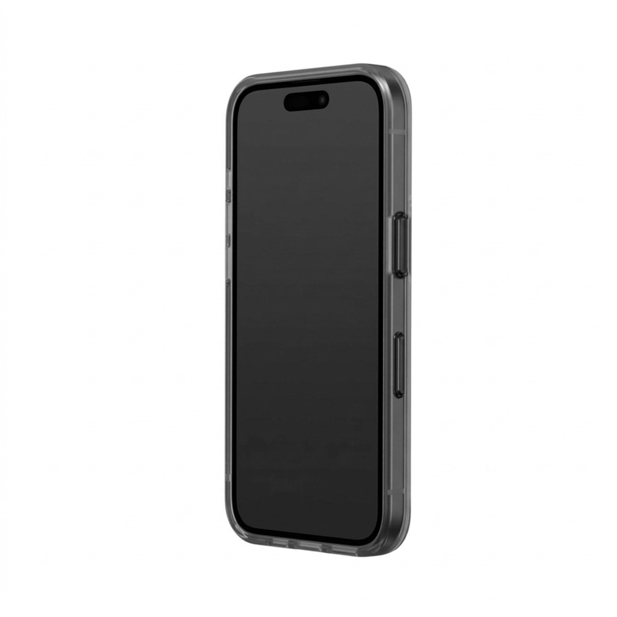Une coque de téléphone transparente avec un écran noir sur fond blanc.