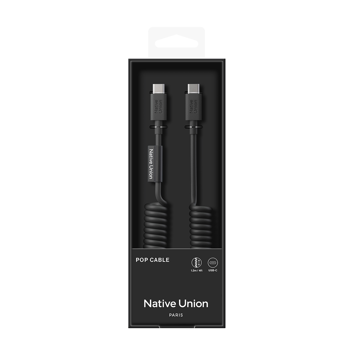 Cavo USB-C nero con design a spirale nella confezione.