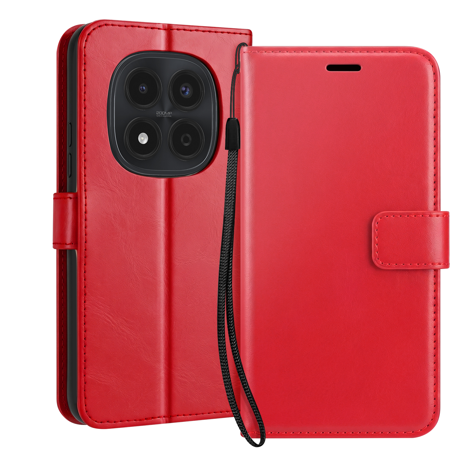 Étui de téléphone rouge avec 4 caméras, dragonne et fermeture magnétique.