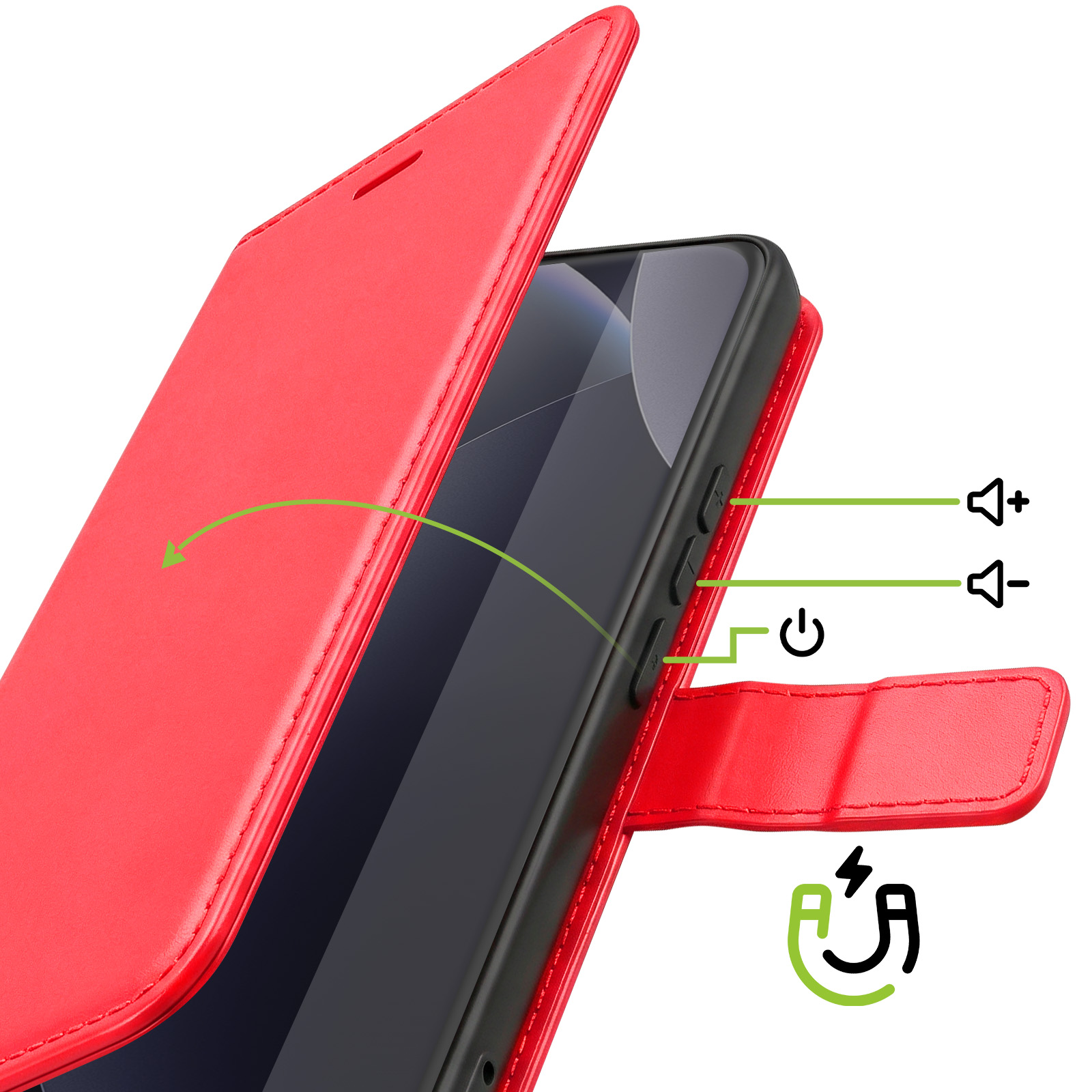 Étui de téléphone rouge avec rabat, boutons volume et alimentation visibles.