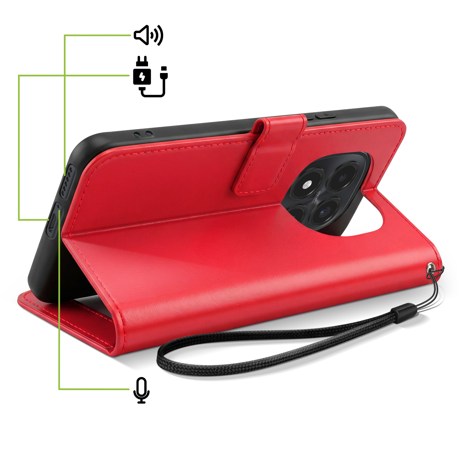 Coque de téléphone rouge avec découpe caméra, lanière et icônes son, charge, micro.
