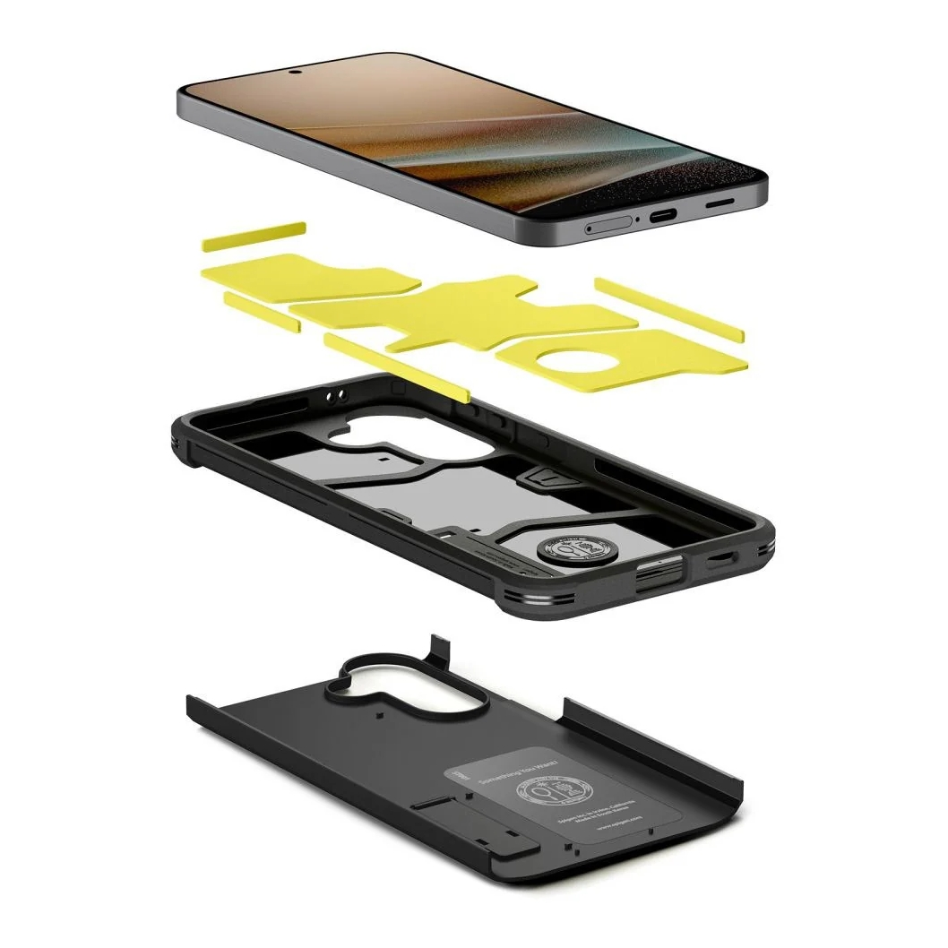 Explosie weergave van een zwarte telefoonhoes, met drie aparte onderdelen.