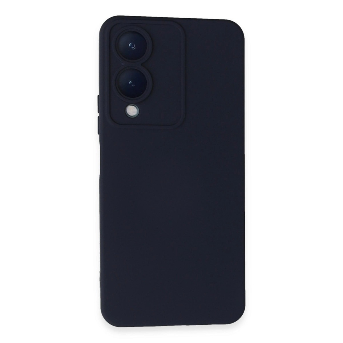 Arkada iki kamera lensi ve flaşı olan lacivert telefon kılıfı.