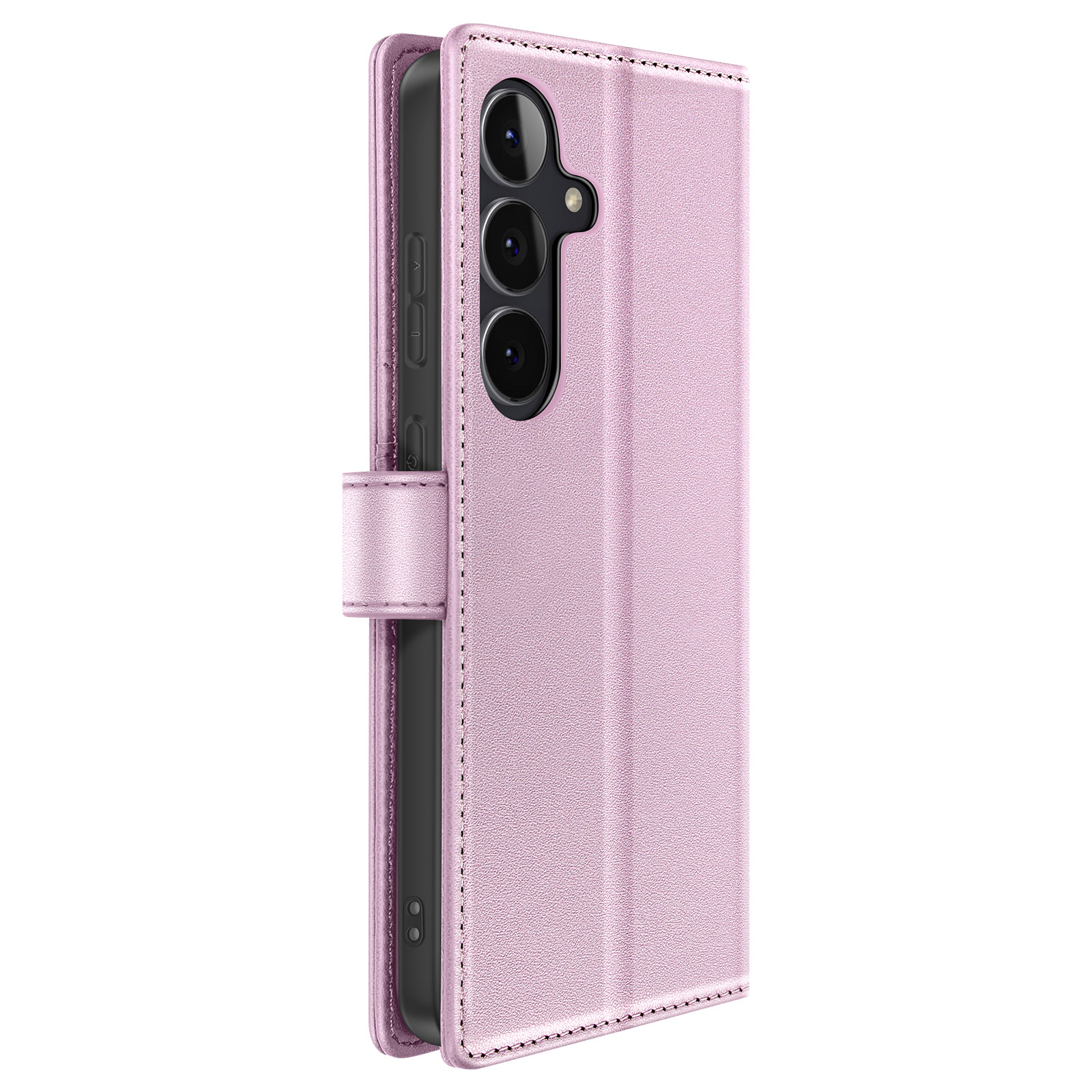 Ein rosafarbener Handyhülle mit einem Telefon, das eine Dreifachkamera hat.
