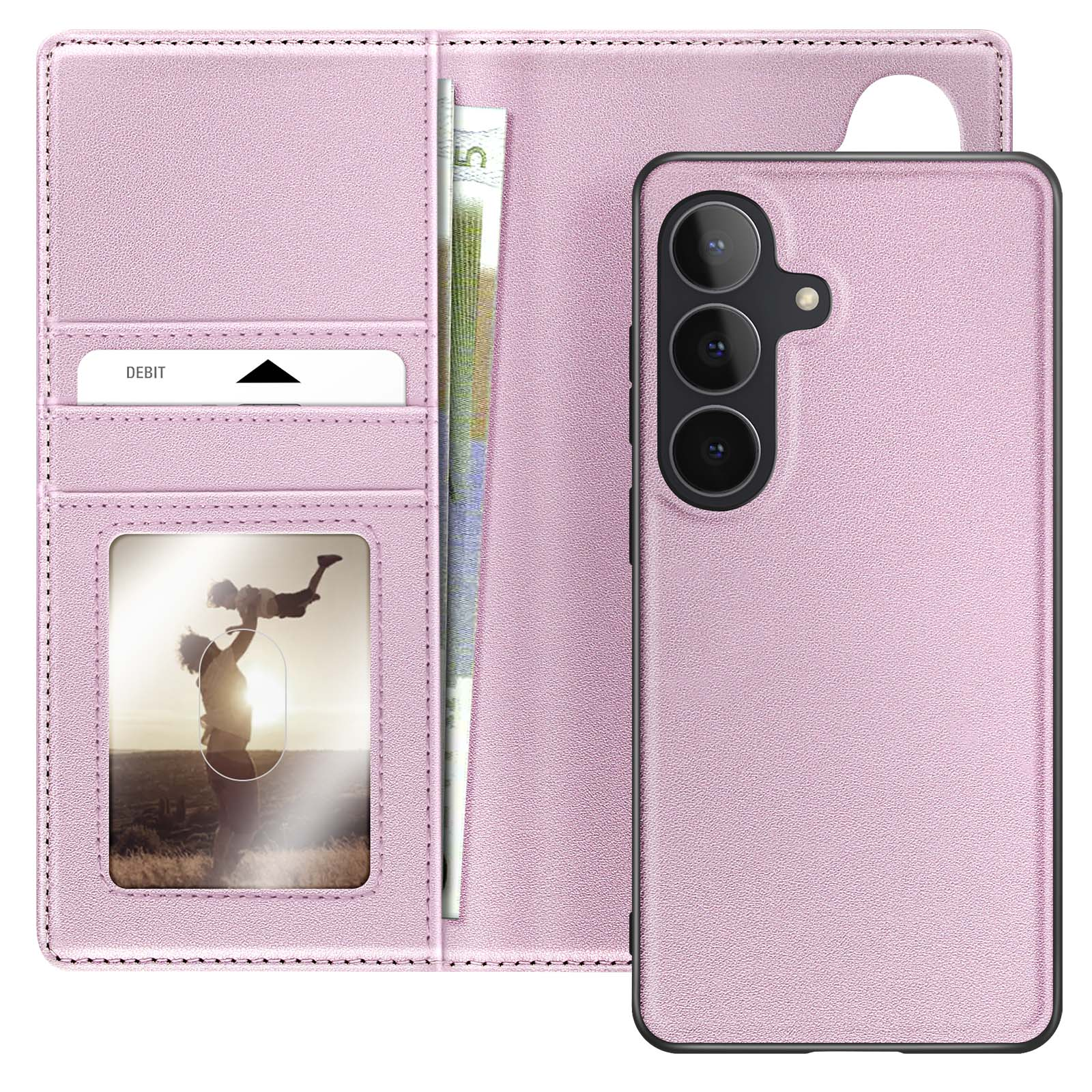 Ein rosa Handyhülle mit Kartenfächern, Geld und Foto. Ein Handy ist eingelegt.