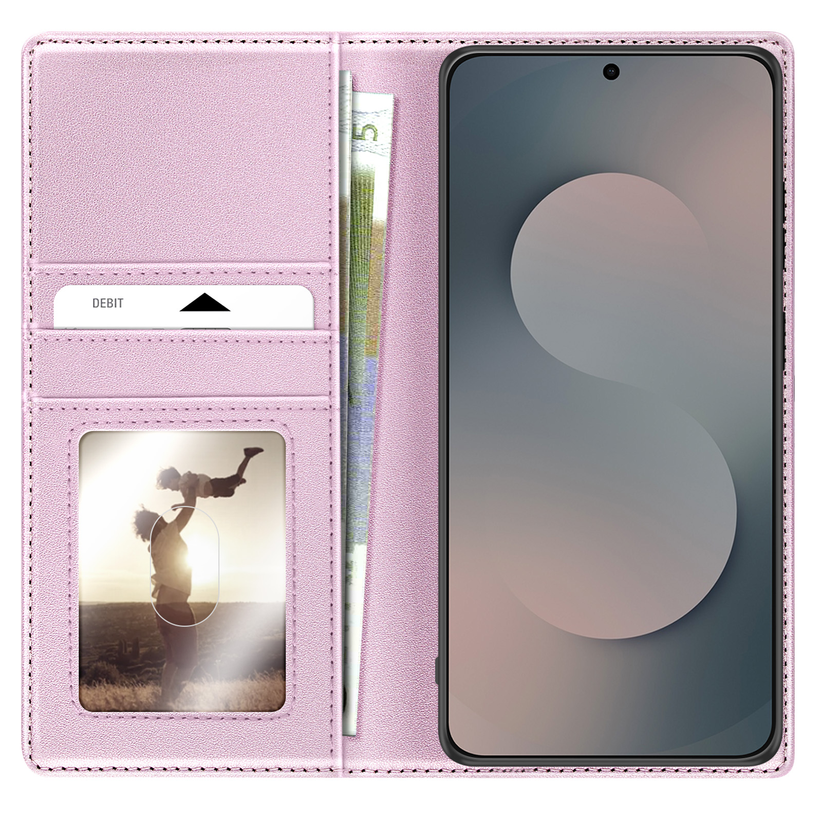 Ein rosa Portemonnaie-Hülle mit einem Handy, einer Debitkarte und Geldscheinen.