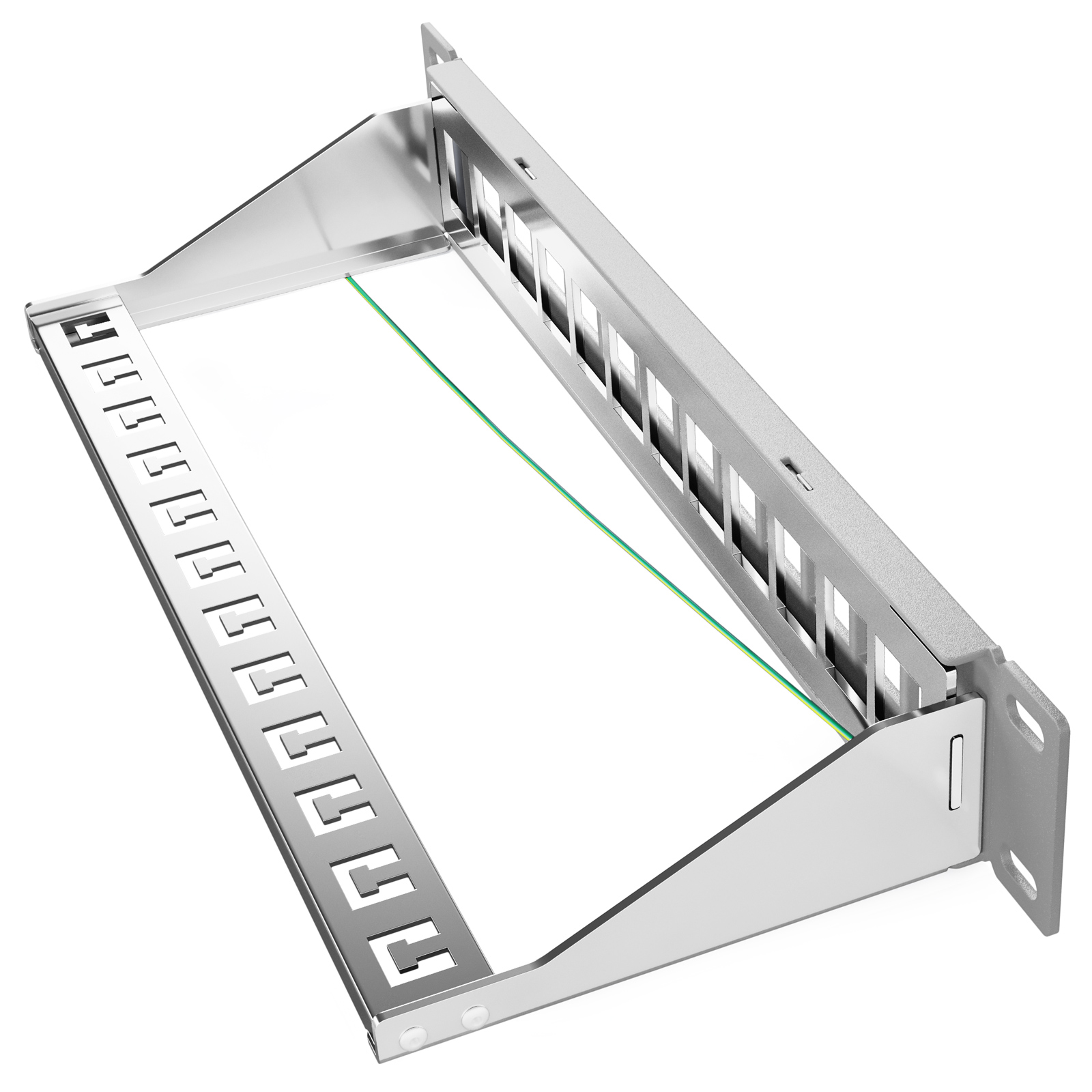 Ein silberner Patchpanel-Halter mit einem grünen Kabel.