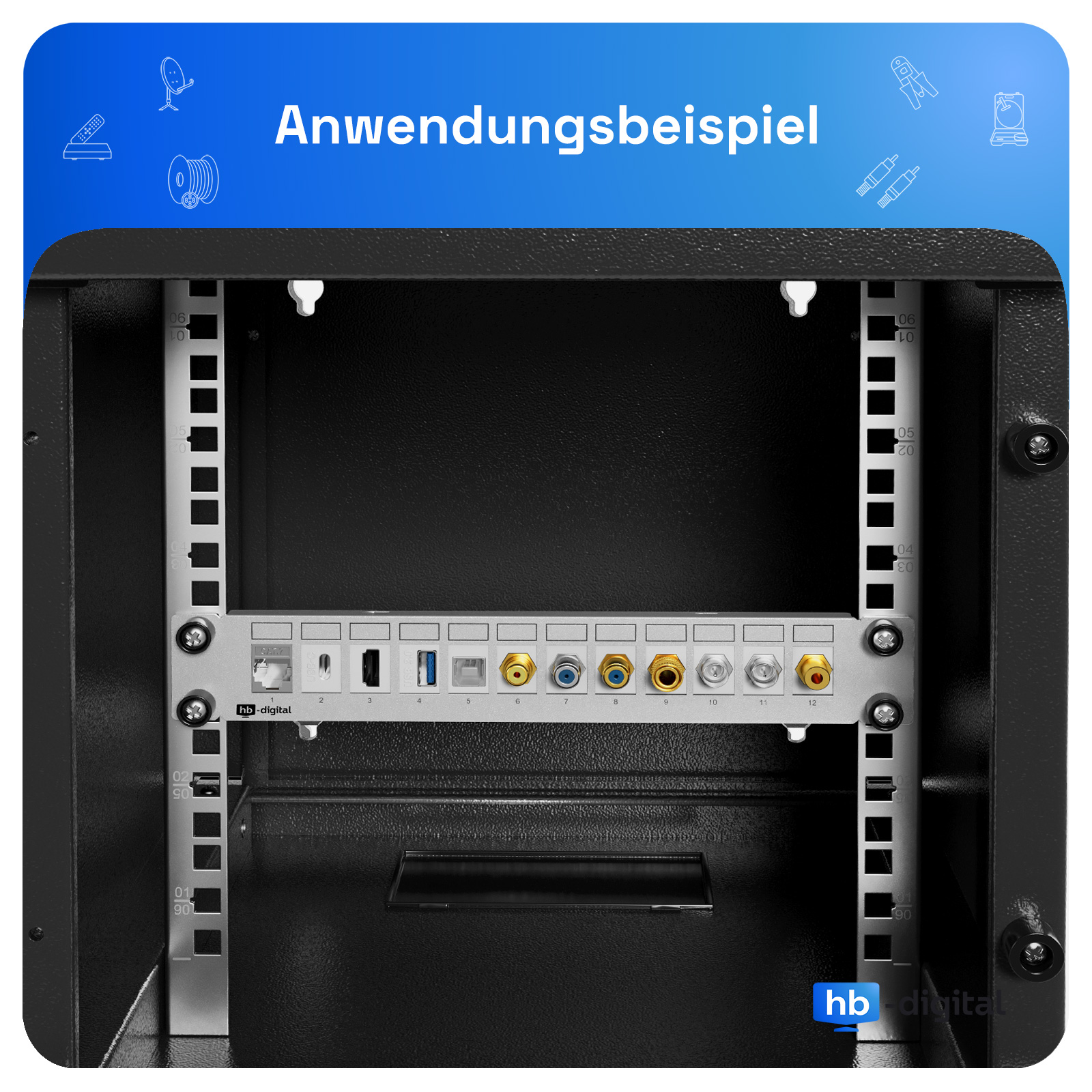 Einblick in ein Rack mit verschiedenen Anschlüssen wie Ethernet, USB und Koaxial.