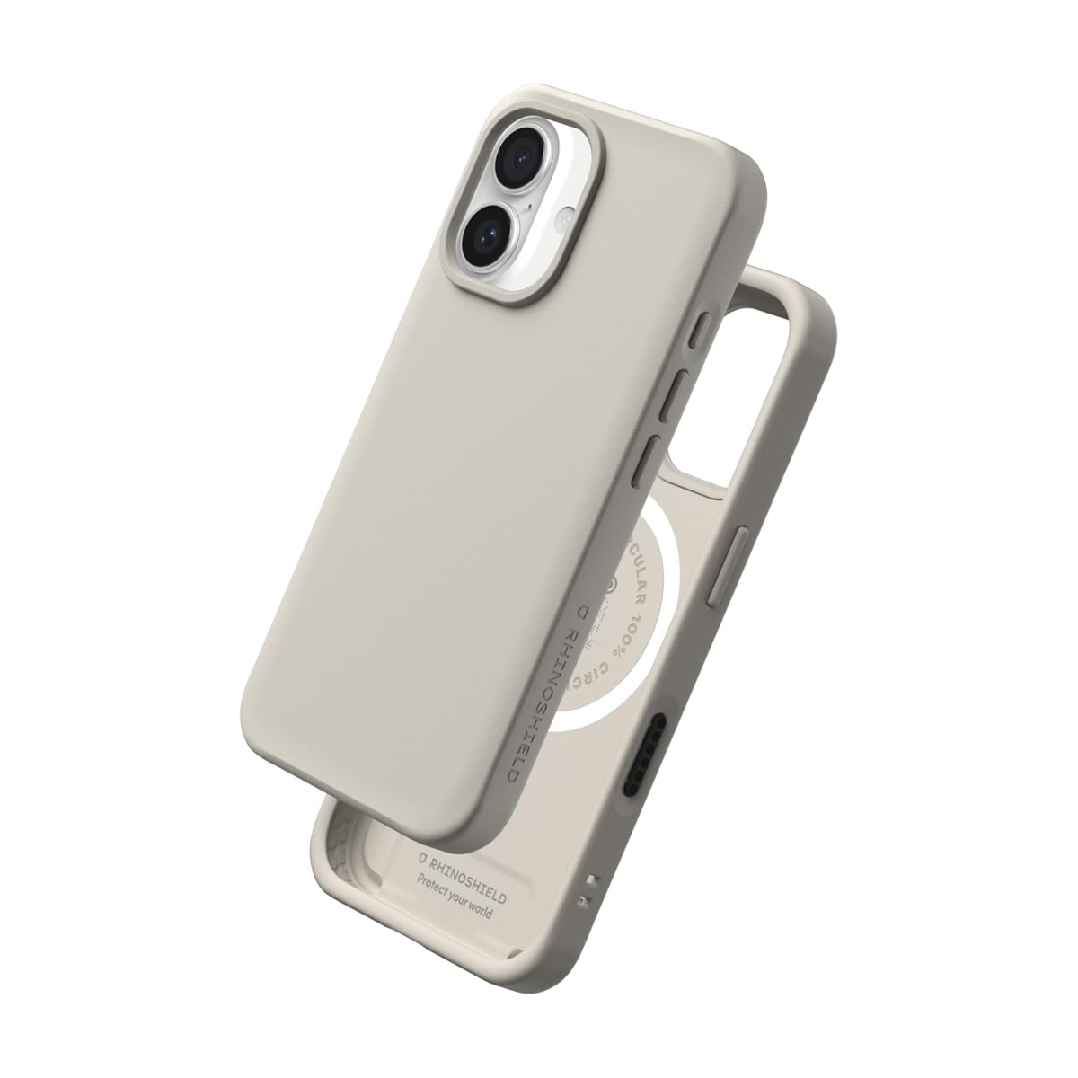 Een lichtgrijze telefoonhoes met camera-uitsparing, op witte achtergrond.