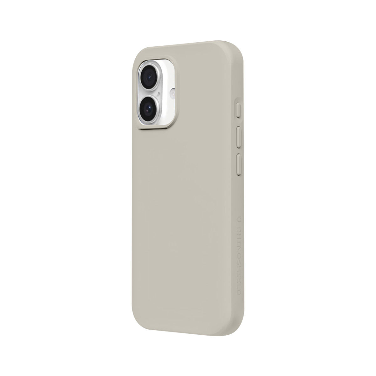 Een beige telefoonhoesje met twee cameralenssen en zijknopjes.