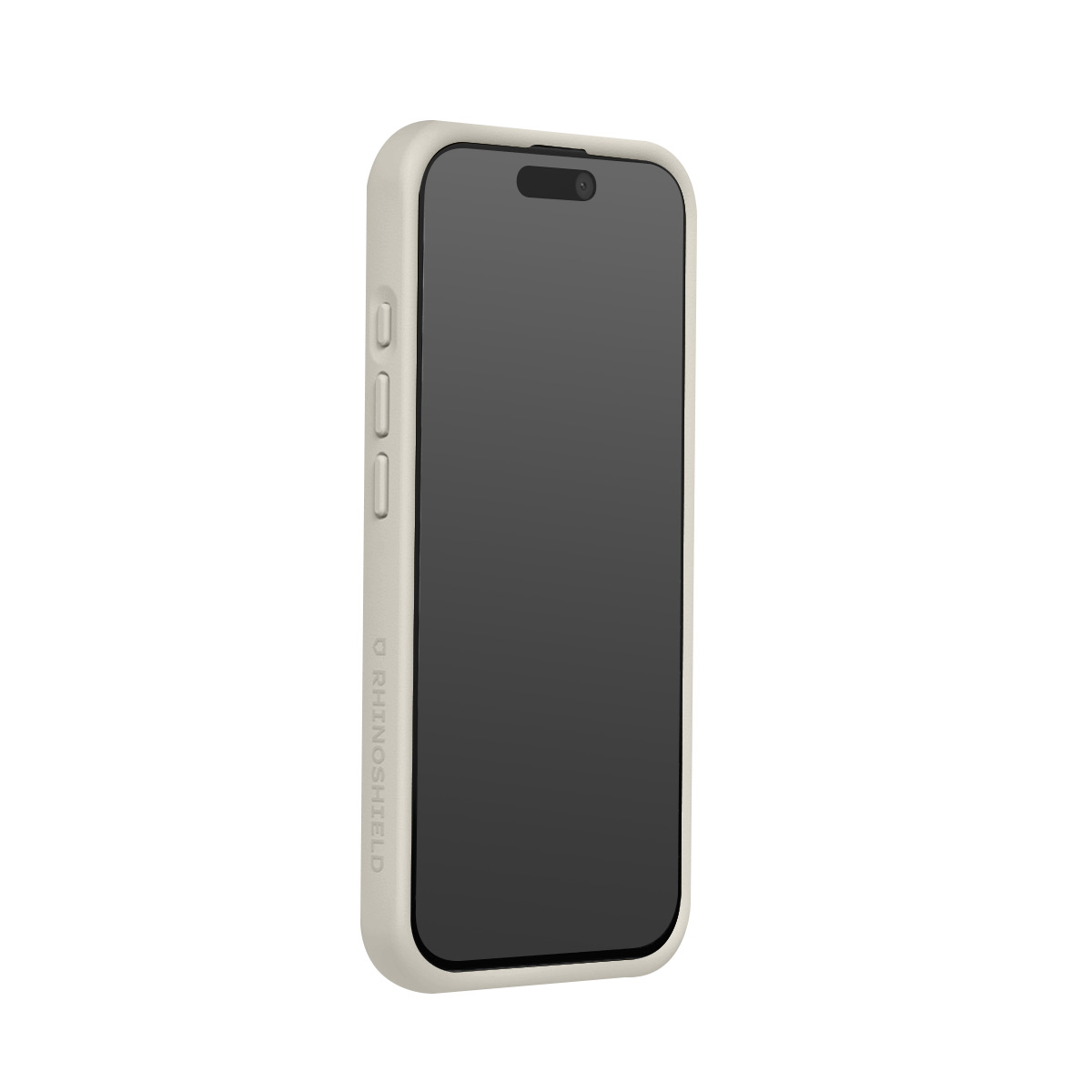 Een lichtgrijze smartphone met zwart scherm in een beschermhoes.