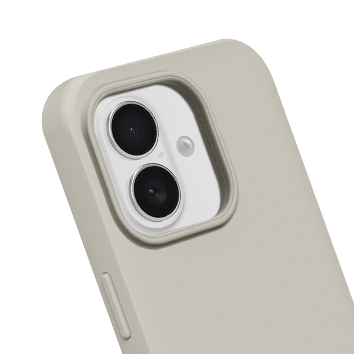 Close-up van een beige telefoonhoes met cameralenzen en flitser.
