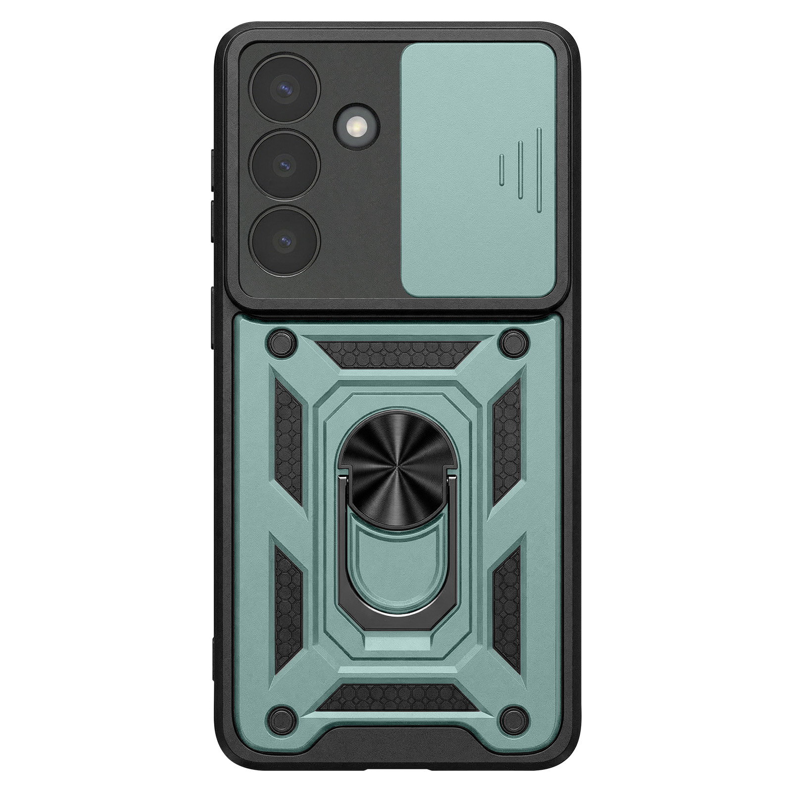 Een teal telefoonhoesje met ringhouder en drie cameralenzen.
